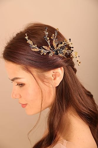 Miniatura 3 de BERYUAN Peine de pelo con cuentas doradas de cristal negro, pieza de pelo de boda, diadema dorada para novia, estilo bohemio, accesorio elegante