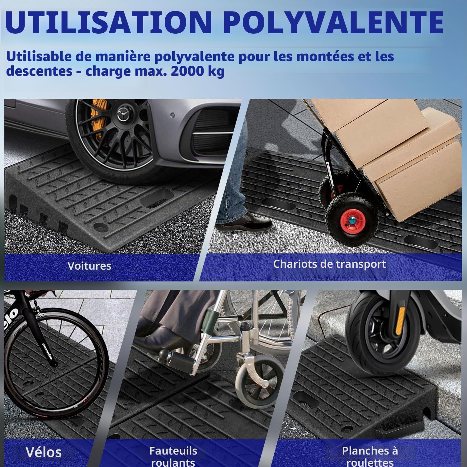 Fiqops Lot de 2 rampes de trottoir en caoutchouc - 10 cm de haut - Portable - 50 x 32 x 10 cm - Pour trottoirs, fauteuil roulant, voiture profonde - Avec poignée