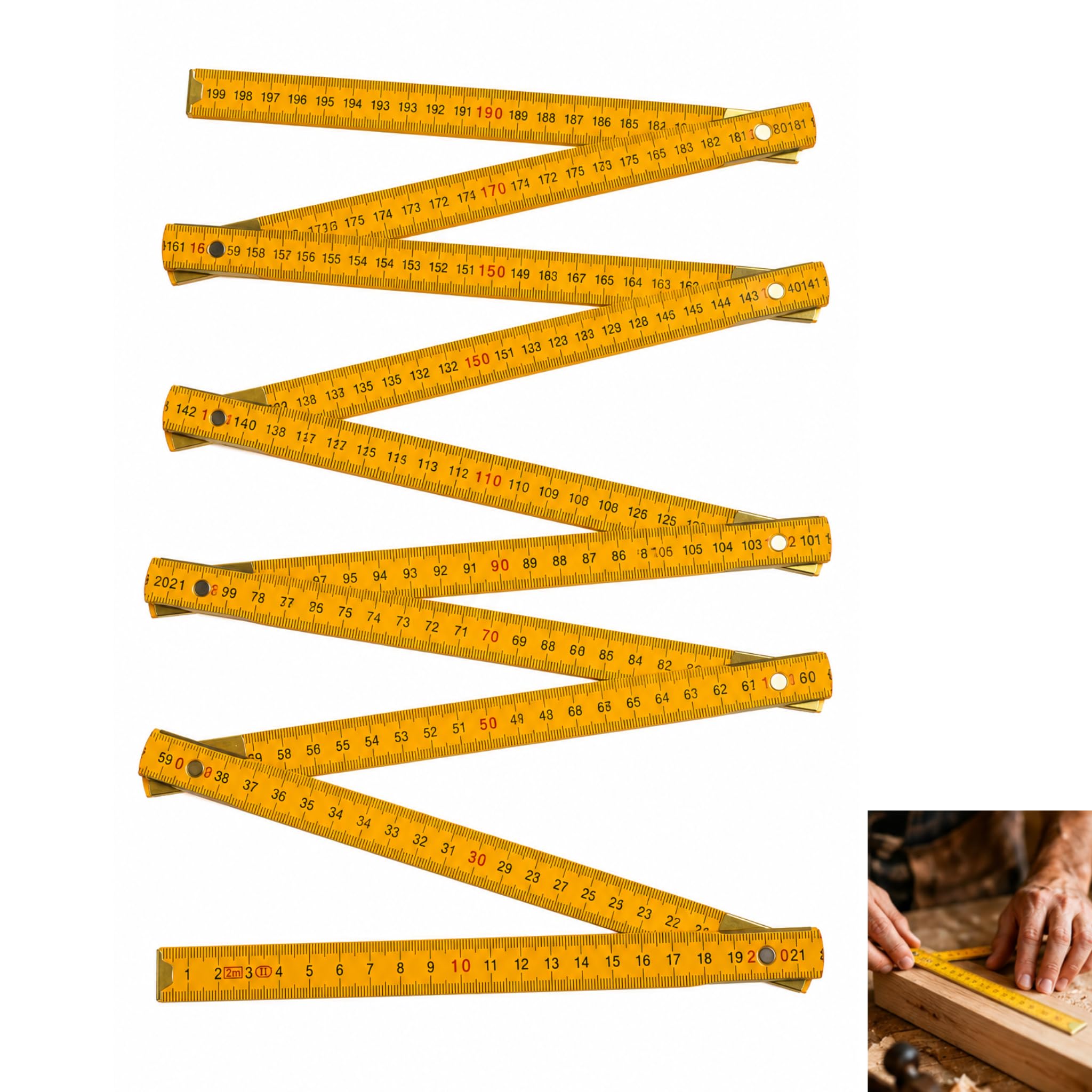 jtum Folding Ruler 2m, Woodworking Foldable Rule 10 Fold with Rivet, Wooden Measuring Stick for Carpenter Drawing Tool, Metric, Orange Yellow Birch