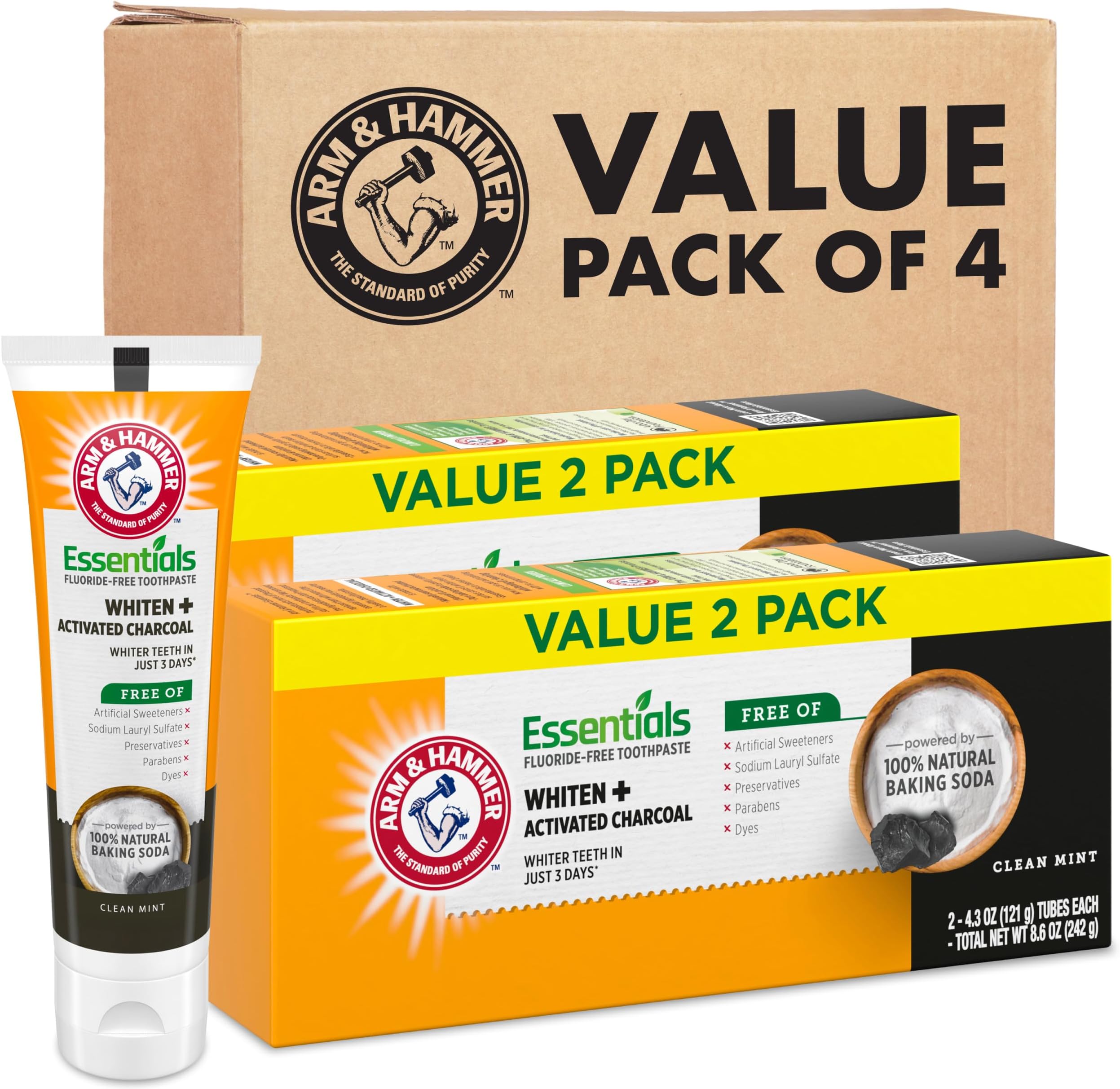 Essentials Fluoride-Free Toothpaste, Whitening + Activated Charcoal Toothpaste, 4 Pack of 4.3oz Tubes, Clean Mint, 100% Natural Baking Soda
