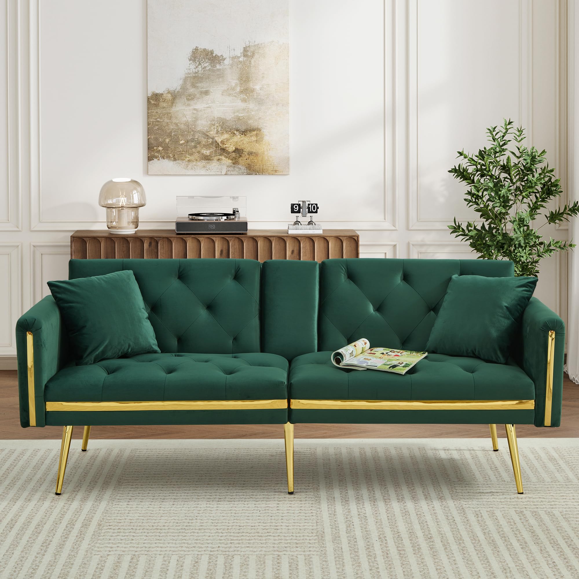Merax Sofa Bed 2 Seater, 3-Gear Back Angle Adjustable Foldable Futon Sofa Couch, Convertible Sofabed Settee with 2 Bolster Pillows, 2 Cup Holders, 174 * 76 * 71.5cm, Green/Velvet — image 1