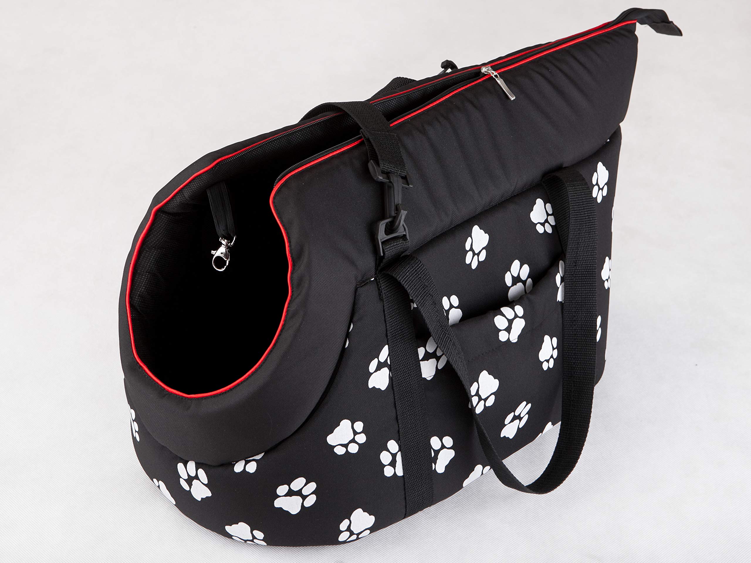 Hundetragetasche – Hundetransporttasche für kleine Hunde und Katzen bis 3 kg - praktische Transporttasche - Hundetasche - 20 x 42 x 22 cm - Schwarz mit Pfoten