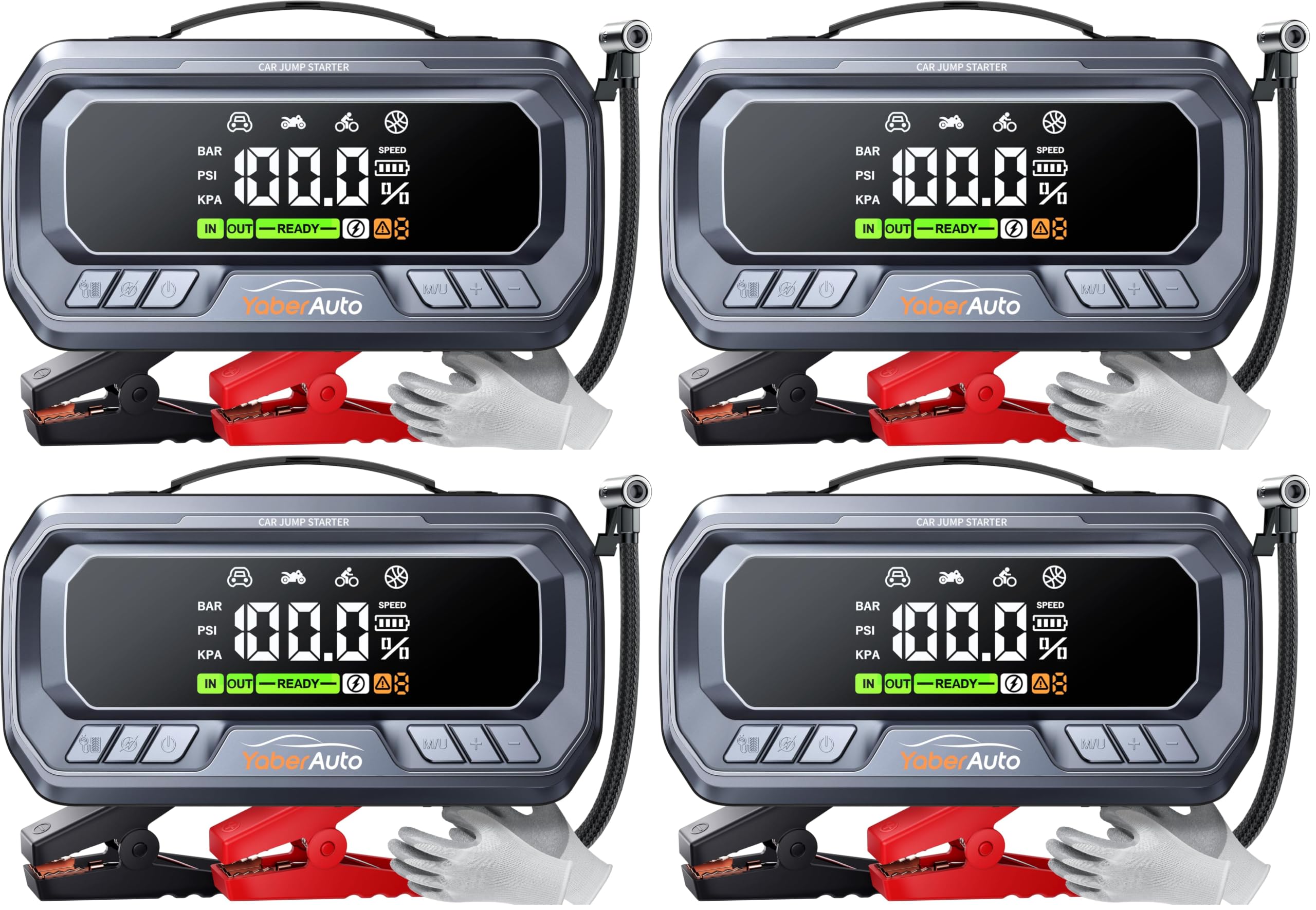 YaberAuto Avviatore Batteria Auto 9000A 26800mAh con Compressore 160PSI Uscita DC 160W, PD65W Booster Avviamento,Avviatore Emergenza per Auto (Tutto Gas/12.0L Diesel), 1200 Lumens (Confezione da 4)