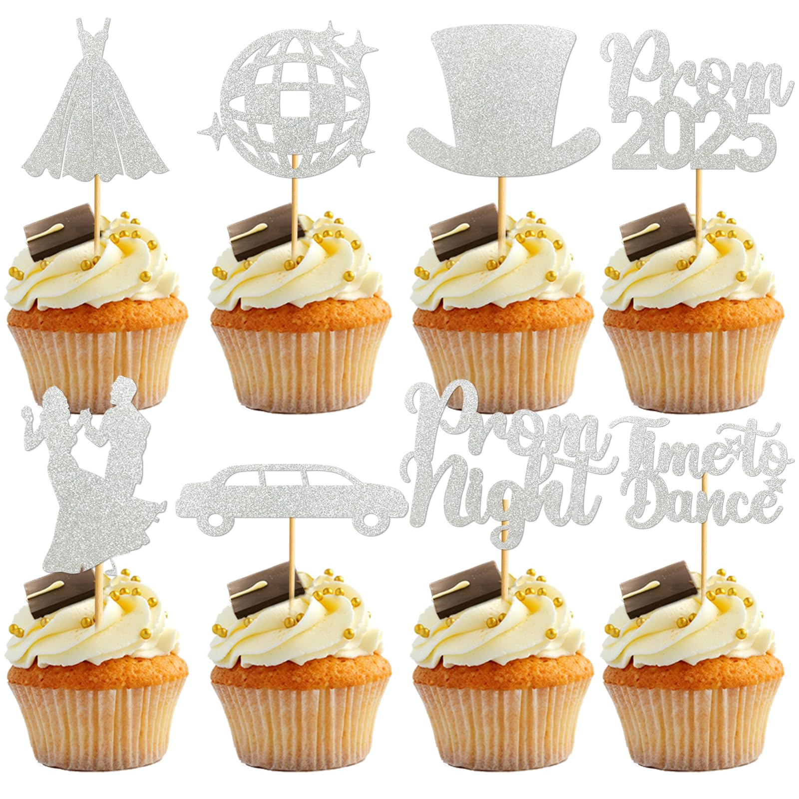 40Pcs Sliver Prom Cupcake Topper Prom Decorations for Party 2025 Prom Graduation Cupcake Topper 2025 Graduation Decorations Class of 2025 Prom Party Decorations 2025