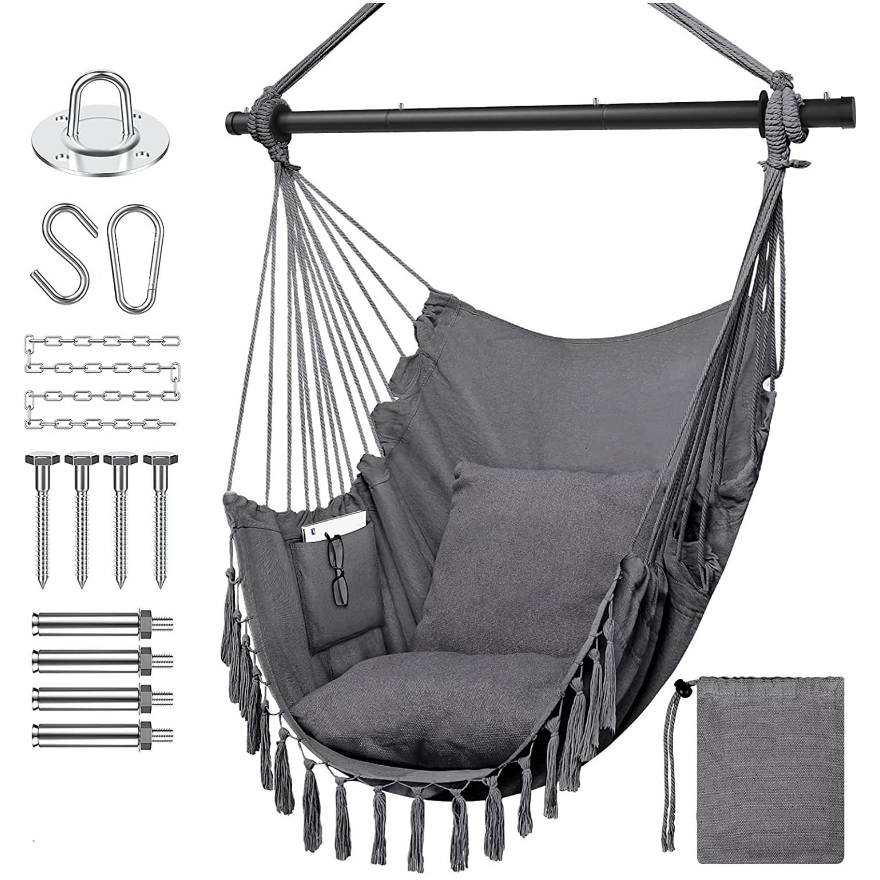 Hammock Chair Hanging Rope Swing, Max 330 Lbs, 2 Cushions Included, Large Macrame Hanging Chair with Pocket, Cotton Weave for Superior Comfort, Durability Backyard and Deck (Grey)