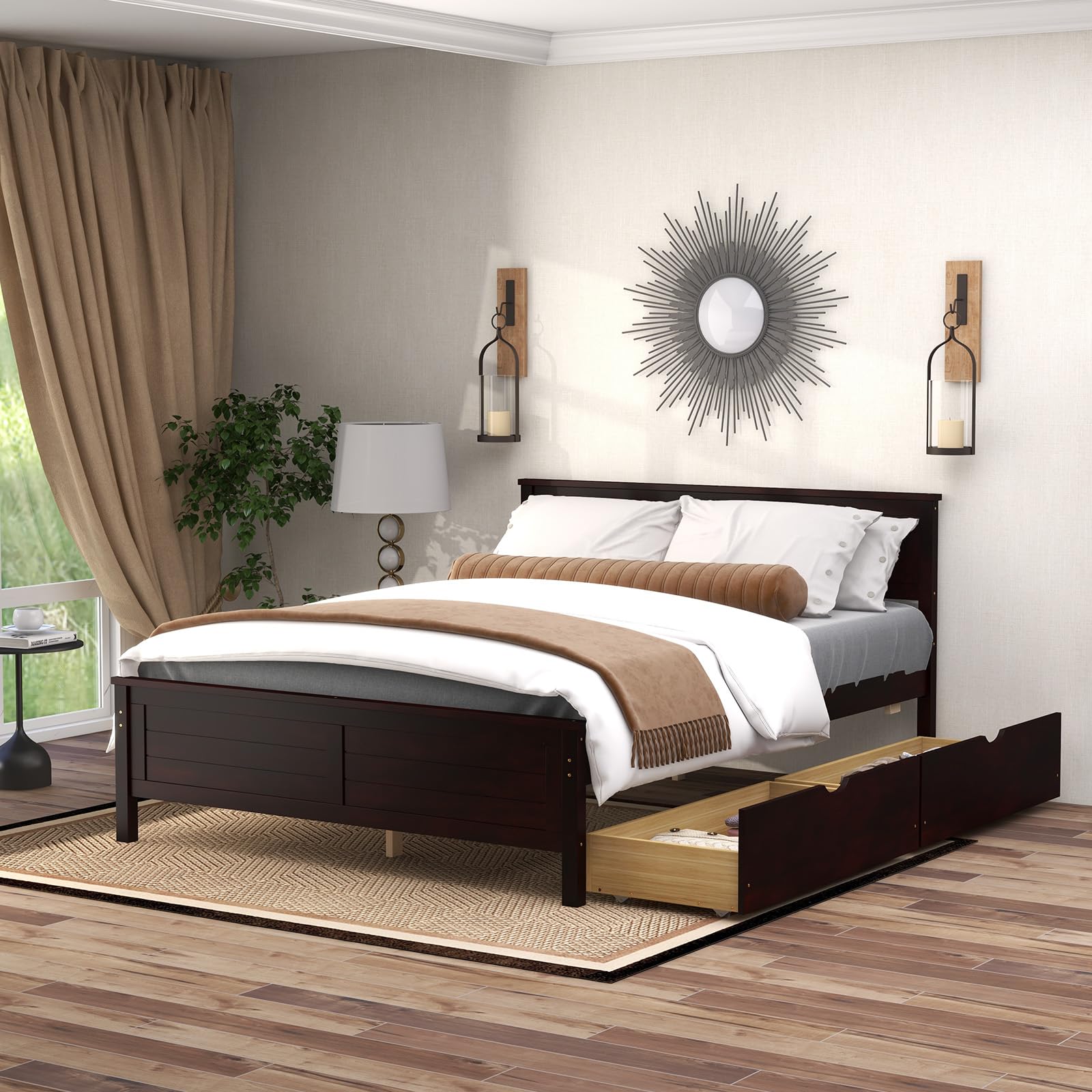 GOFLAME Full Size Bed Frame with 2 Drawers, Platform Bed with Solid Wood Headboard & Footboard, Wood Slats Support Mattress Foundation, Under Bed