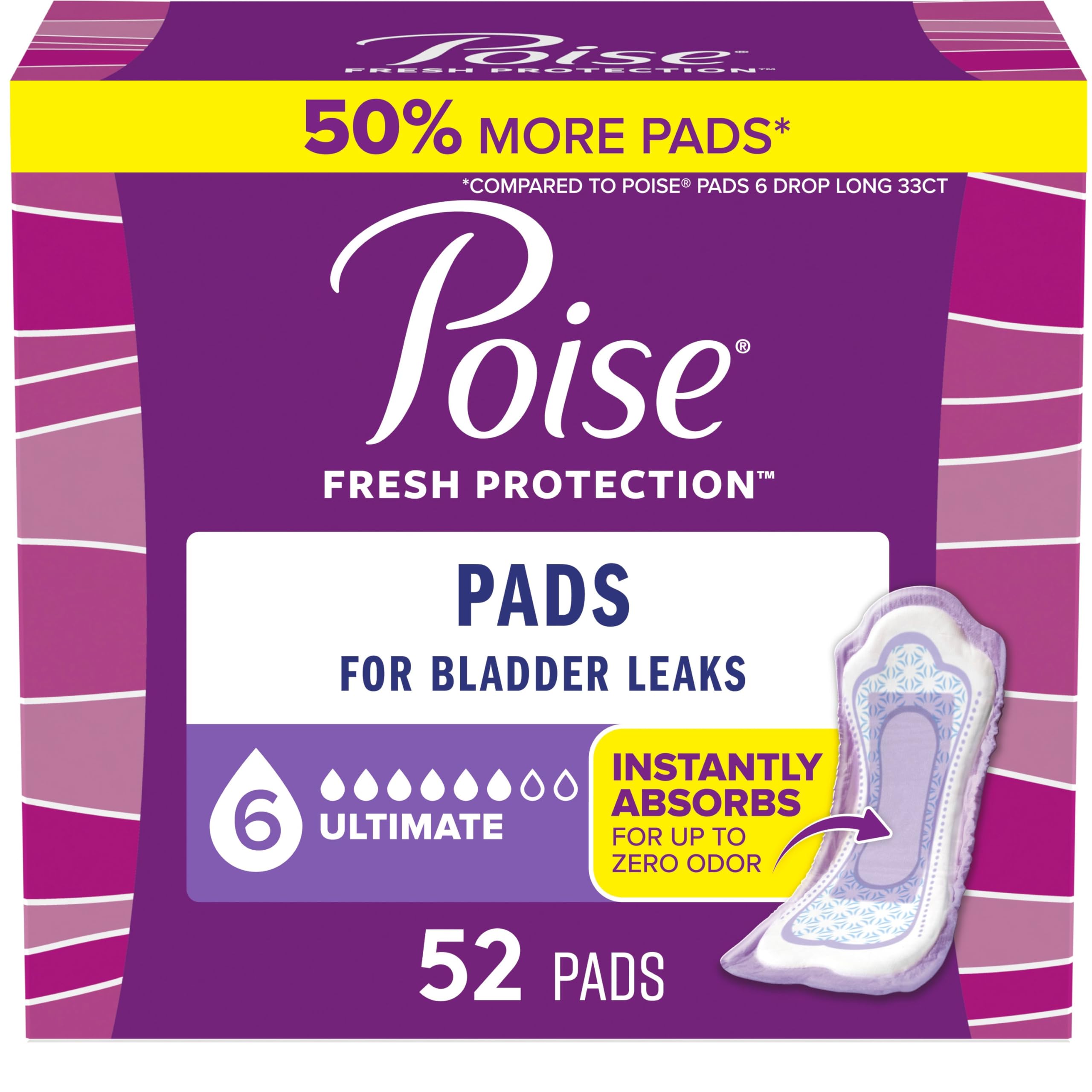 PoiseIncontinence Pads & Postpartum Incontinence Pads, 6 Drop Ultimate Absorbency, Regular Length, 52 Count, Packaging May Vary