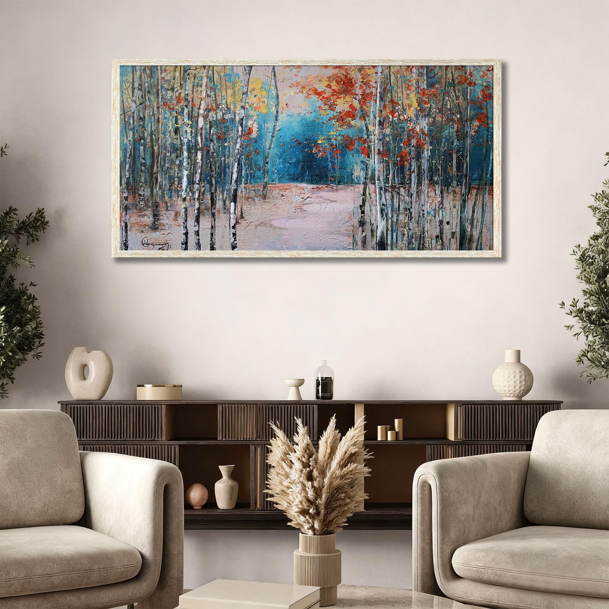 Ardemy White Birch Tree Canvas Wall Art Blue Forest Painting Landscape Picture, Modern Green Nature Artwork for Living Room Bedroom Bathroom Home Office Wall Decor, Large Wood Grain Framed 40"x20"