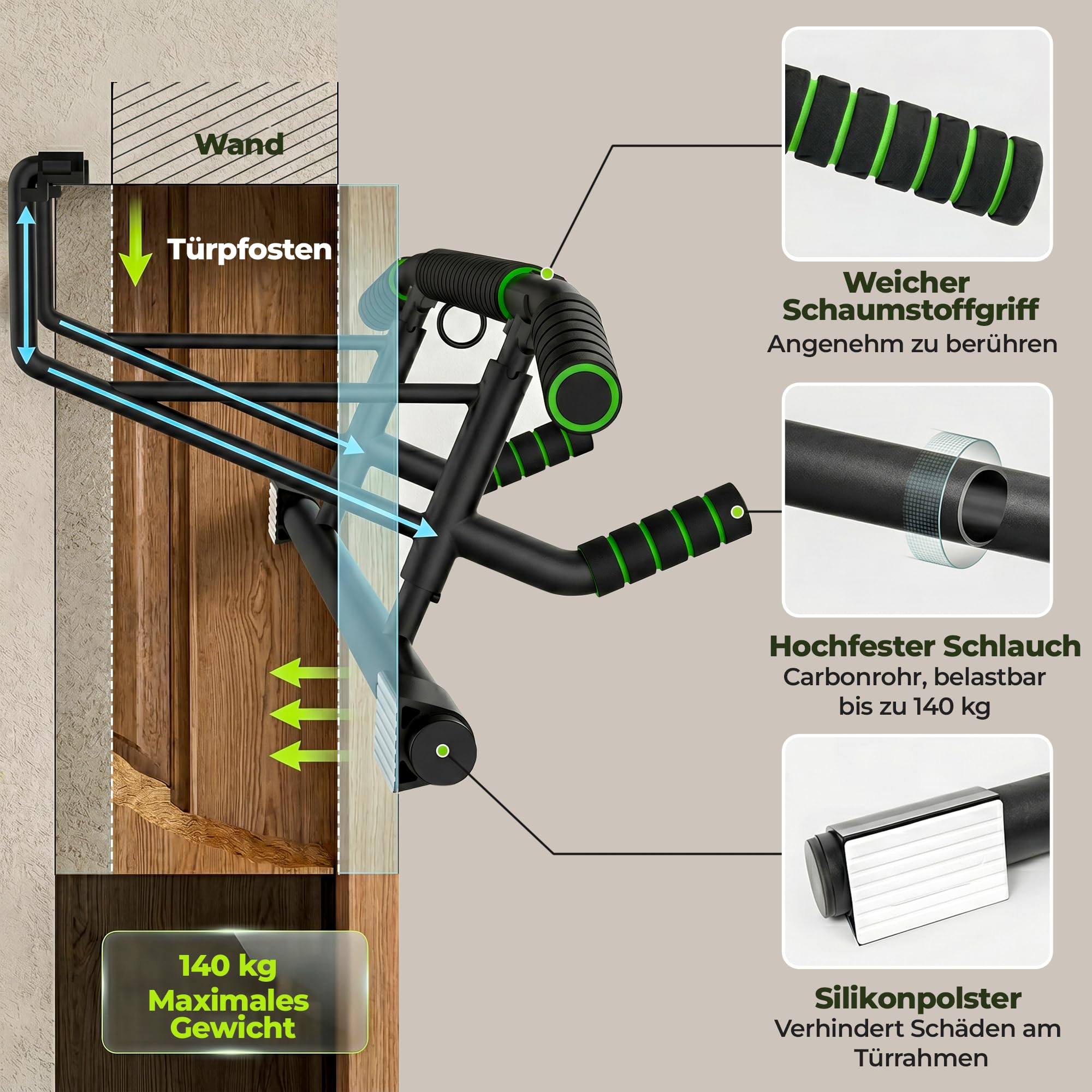 Mirbex® Klimmzugstange für Türrahmen mit Liegestützbrett Home Gym Set | Push Up Board & Pull Up Bar ohne Schrauben – Fitnessgeräte für Zuhause