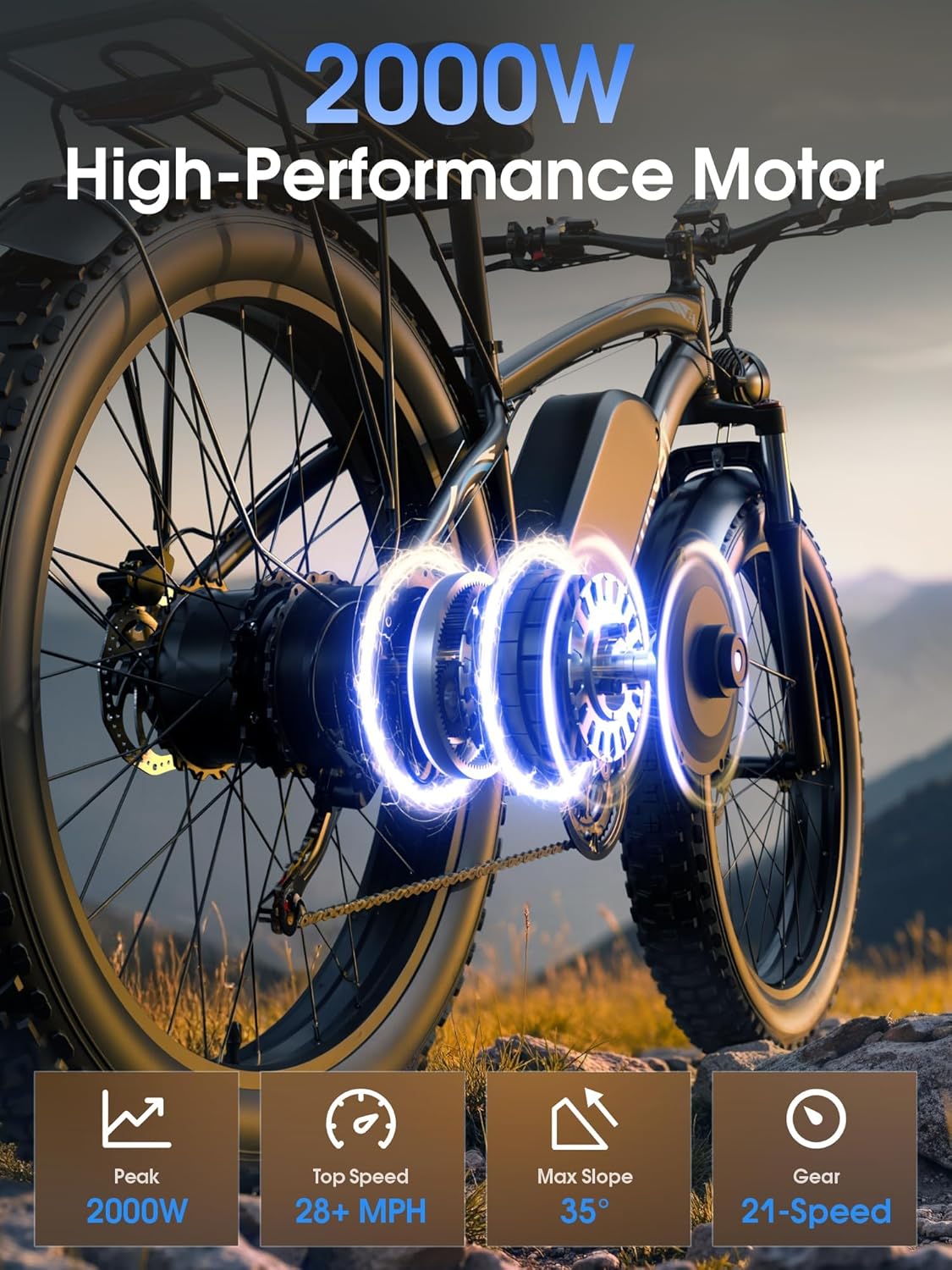 Electric Bike for Adults-2000W Peak 24" Fat Tire All-Terrain EBike, 37MPH 70+ Miles Long Range Ebike, 52V 19.2 AH Battery Tested to UL 2849 Electric Bicycle for Mountain Commuter Offroad