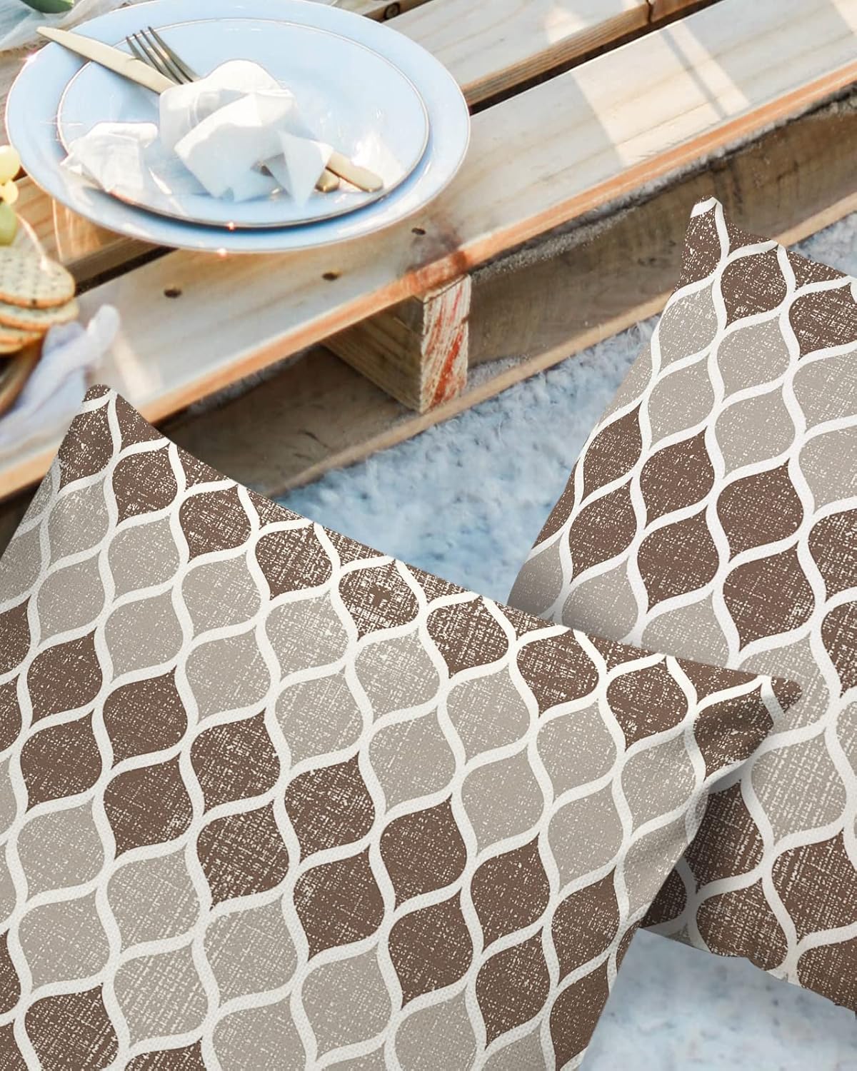 Outdoor Pillow Covers Waterproof, Beige Brown Geometric All Weather Cushion Case Set of 2, Middle Century Abstract Art Aesthetics Decorative Pillowcases for Sofa Bed Decor Patio Furniture 26"x26"