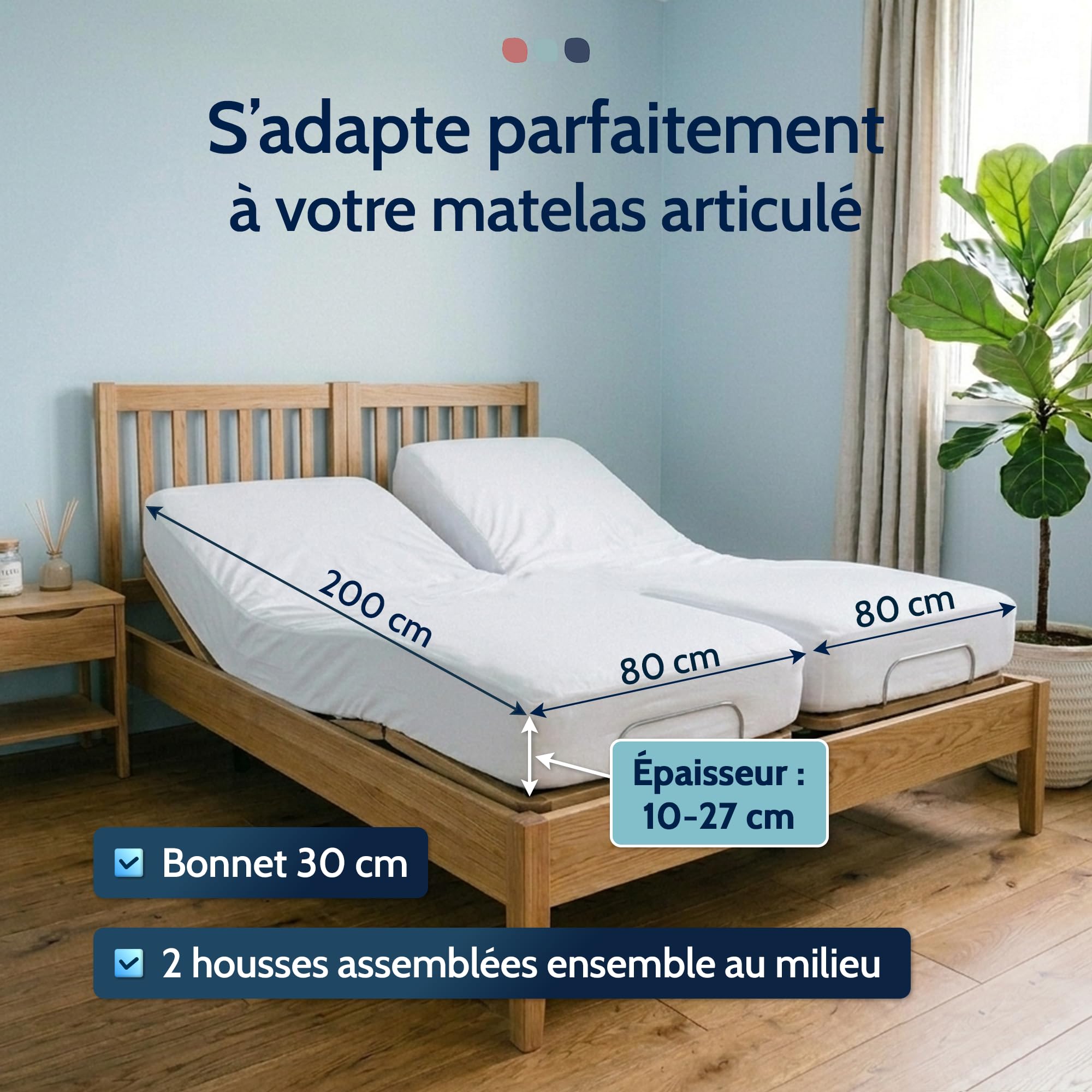 Linge des Familles – Protector de colchón de cama articulado 2 x 80 x 200 cm, impermeable y transpirable, – Protector de cama eléctrico 160 x 200 – Gorro de 30 cm – Label Oeko-TEX® Standard 100 – Made