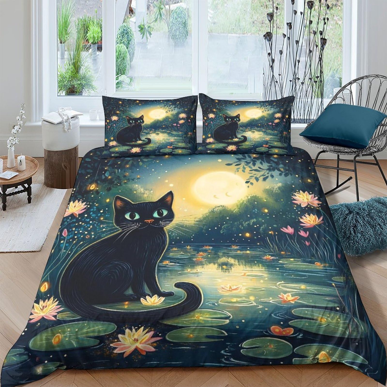 Ctjqhvkz Style-4 3D Printed Black Cat Moonlit Night Fitted Sheet Microfiber Non-Slip Bed Sheet For Bedroom Guest Room Decor Single（135X200cm）