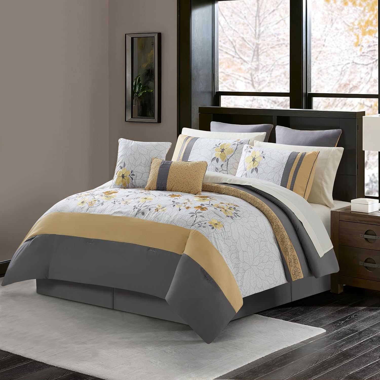 Grand Avenue Grey/Yellow Bedding Sets Queen with Comforter, 12 Piece, Bedding Sets & Collections,1 Flat Sheet,1 Fitted Sheet, Bedskirt, Pillows & Shams