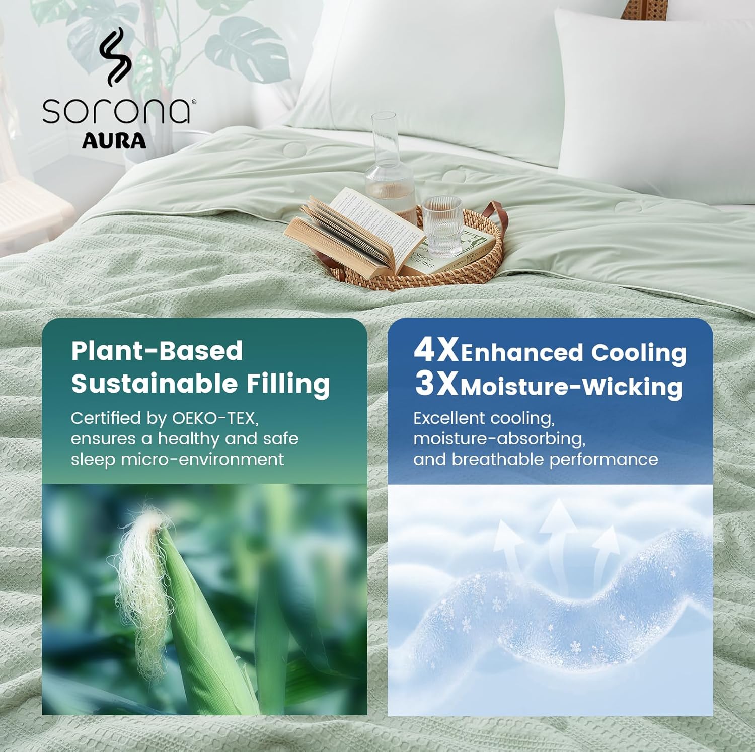 Amélie Home Waffle Cooling Comforter Queen Size, Q-Max 0.45 Reversible Lightweight Cooling Blanket for Hot Sleepers, Breathable Bedding for Night Sweats, 90"x90", Sage Green - Image 3