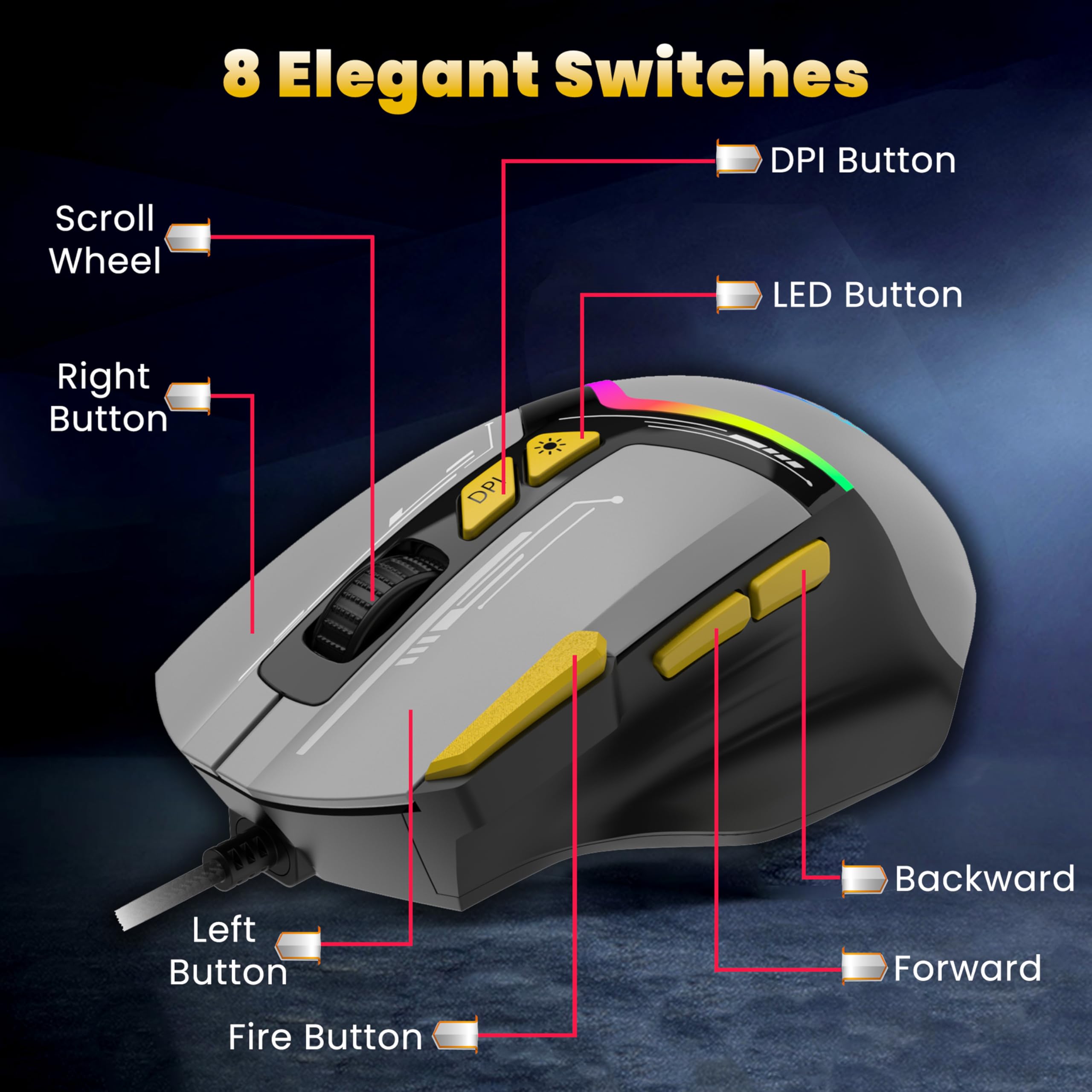 Ant Esports GM333 RGB Wired Gaming Mouse 12800 DPI Optical Mouse 1000Hz Polling Rate 8 Programmable Buttons Huano Switches Ergonomic Design Backlit Lighting Braided Cable PC Laptop FPS MMO Accessory — Amazon image 3