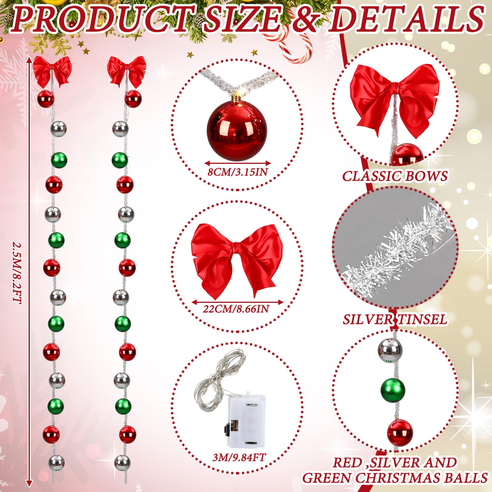Pinkunn Weihnachtsdekoration, Weihnachtsdekoration, Kugelgirlanden mit roter Schleife, LED-Lichter, mehrfarbig, für Haustür, Weihnachtsbaum, Kranz, Fenster, Wand, Garten, Innen- und Außenbereich, 2