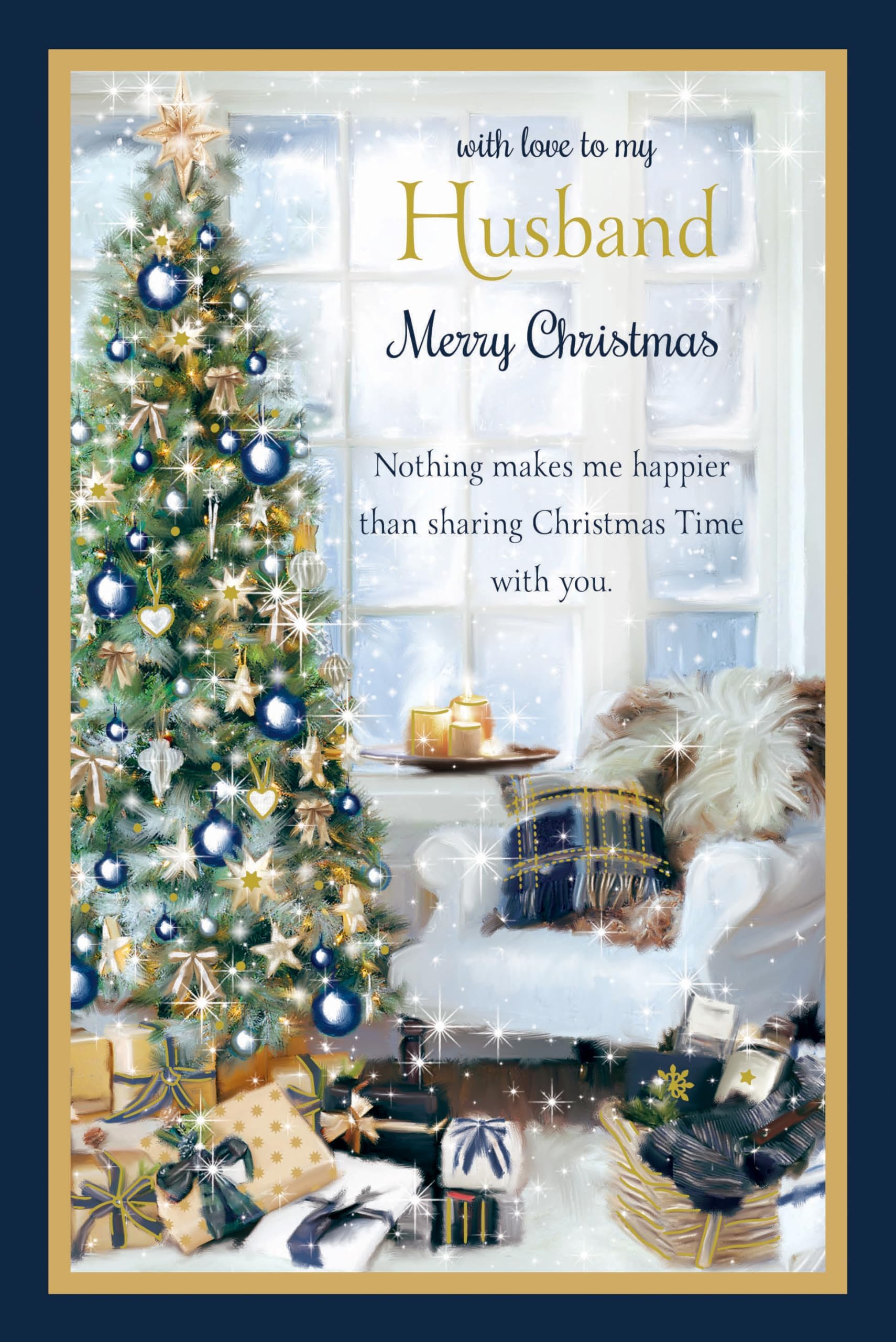 Paper Rose Artistic Large Christmas Greeting Card - 'To my Husband' - Cosy Christmas Tree Scene - Gold Foil and Flitter Finish