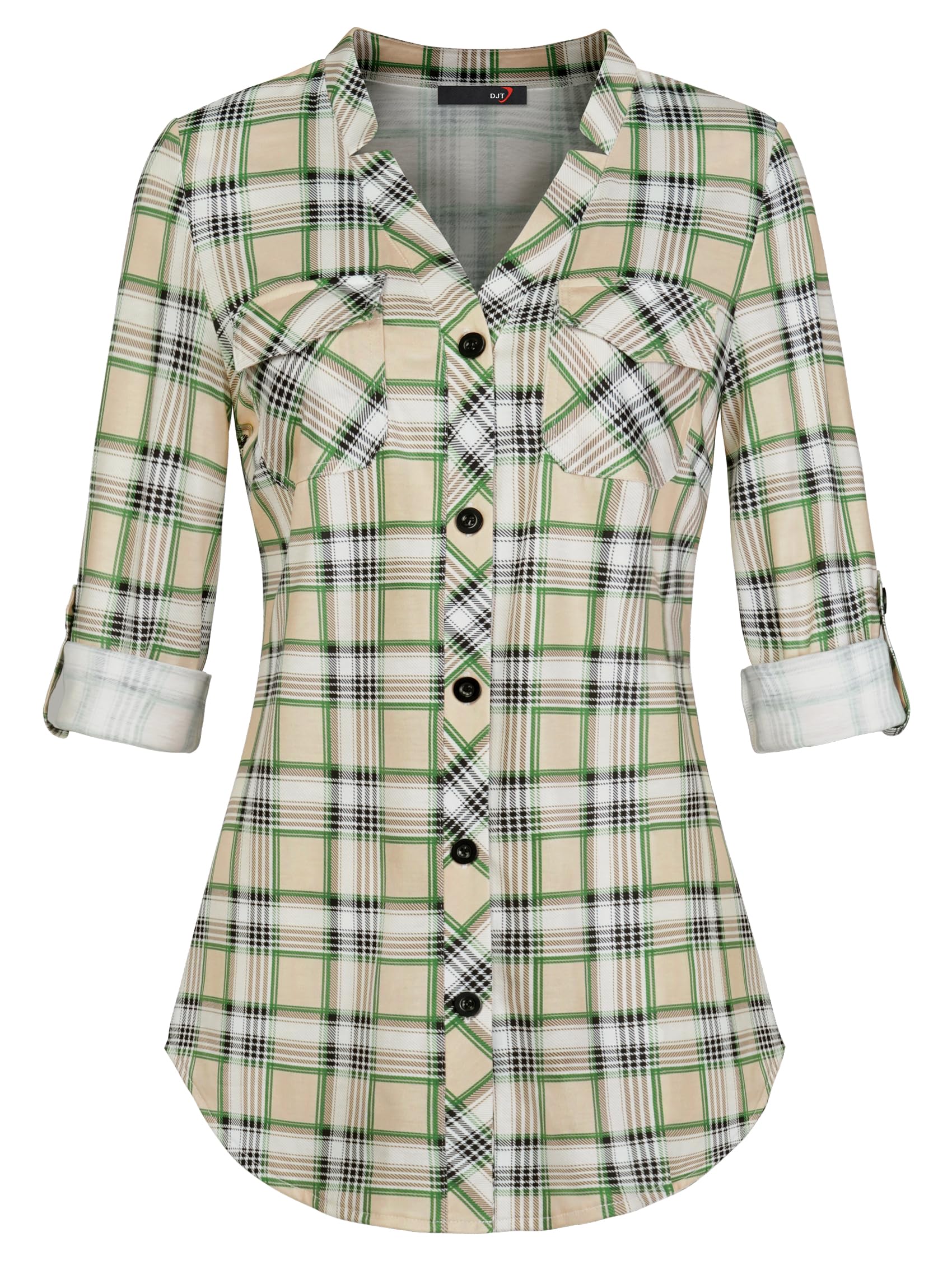 DJT Womens Soft Stretchy Knit Plaid Button Down Shirts Cut Triangle V Neck Roll Up Long Sleeve Tops Blouses