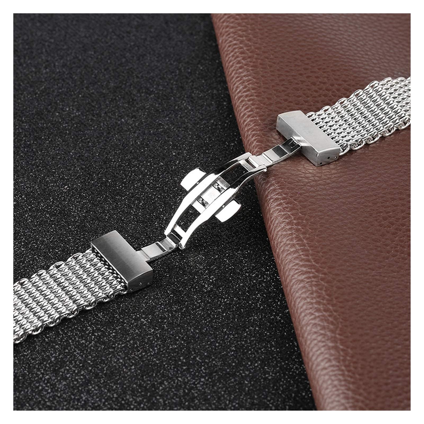 Correa de Reloj Plata 22 mm Malla Correa de Reloj de Acero Inoxidable Hebilla de Mariposa Oculta Hombres Mujeres Relojes Correa Reloj de Moda Pulsera de Repuesto Pulsera