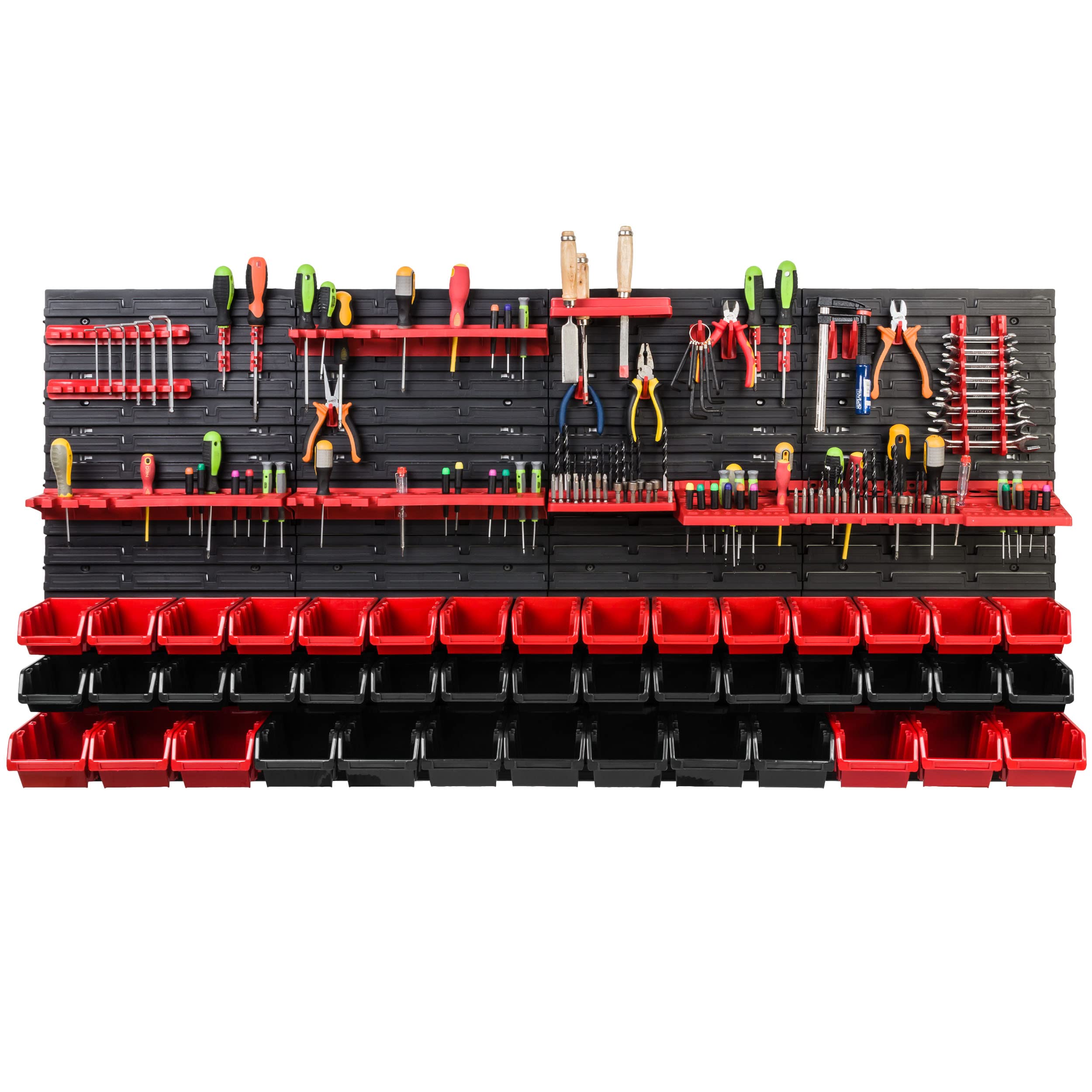 Scaffale da officina, 156 x 78 cm, 51 pezzi, con supporti per attrezzi e scatole impilabili, pannelli da parete, scaffali extra resistenti, per merci, garage, scaffali da parete