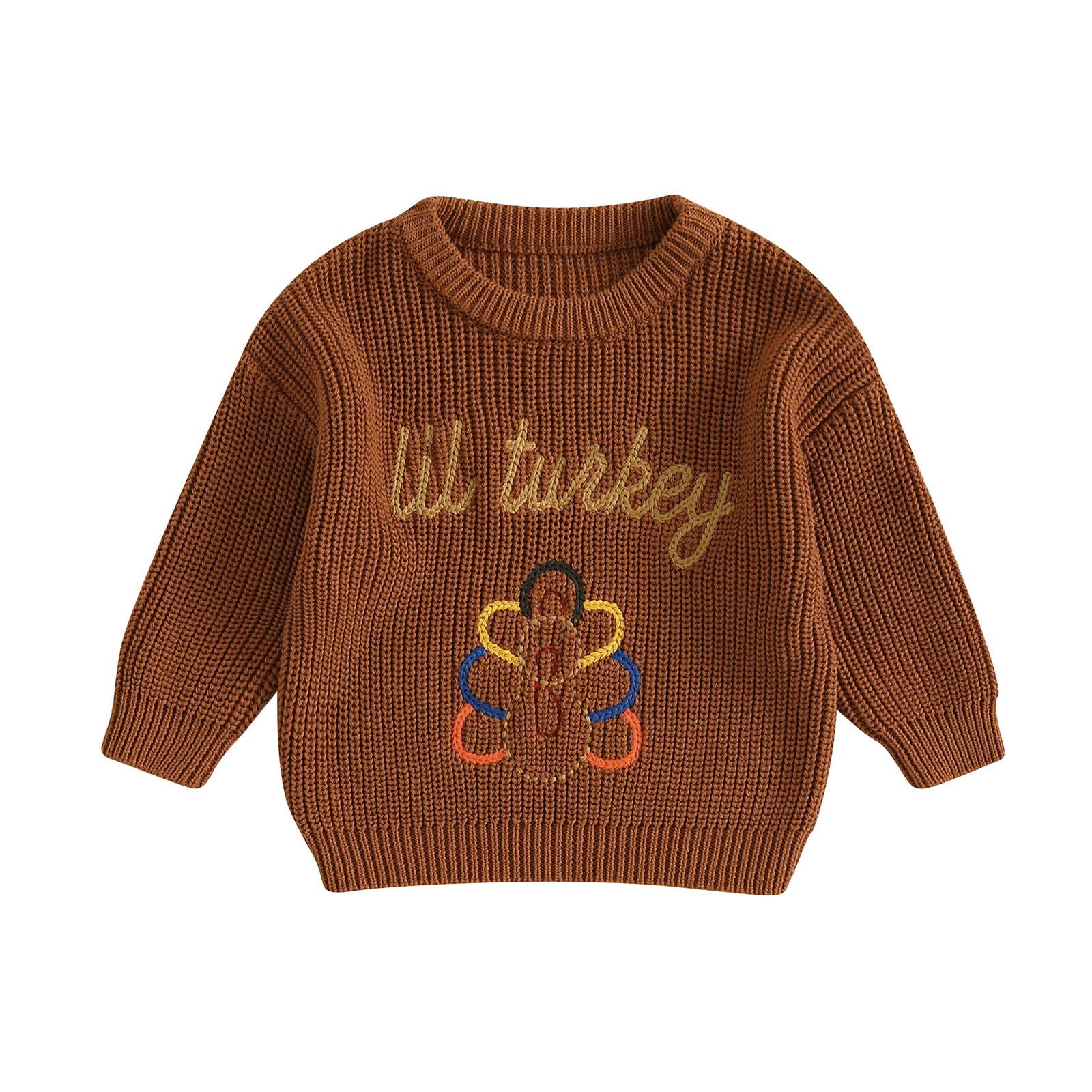 Toddler Baby Boy Girl Thanksgiving Outfit Turkey Embroidery Sweater Top Long Sleeve Knit Sweater Fall Winter Clothes (Brown lit Turkey, 0-3 Months)
