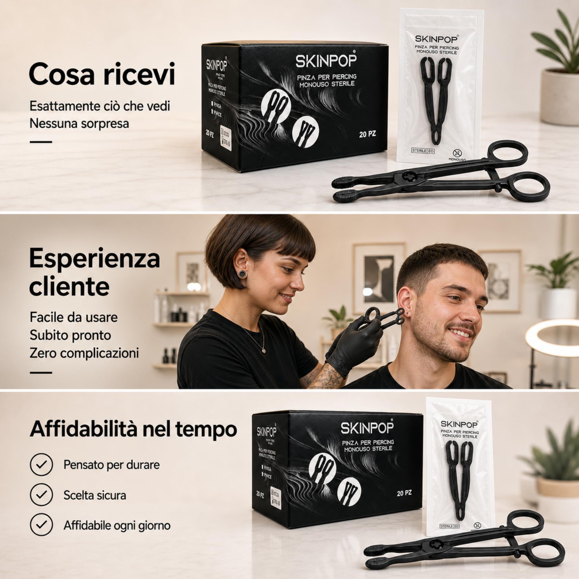 Pinza per Piercing Monouso con Forma Ovale - DELICATA e RASSICURANTE - Pinze in PVC Sterilizzata E.O. Gas - Confezione Singola - Presa STABILE per Prima Foratura e Body Piercing