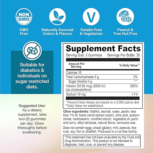 Miniatura 6 de YUM-V'S YumVs - Gomitas de vitamina D Zero  Suplemento D3 apto para dieta cetogénica, sin azúcar, para niños y adultos, 50 mcg  2000 UI de vitamina