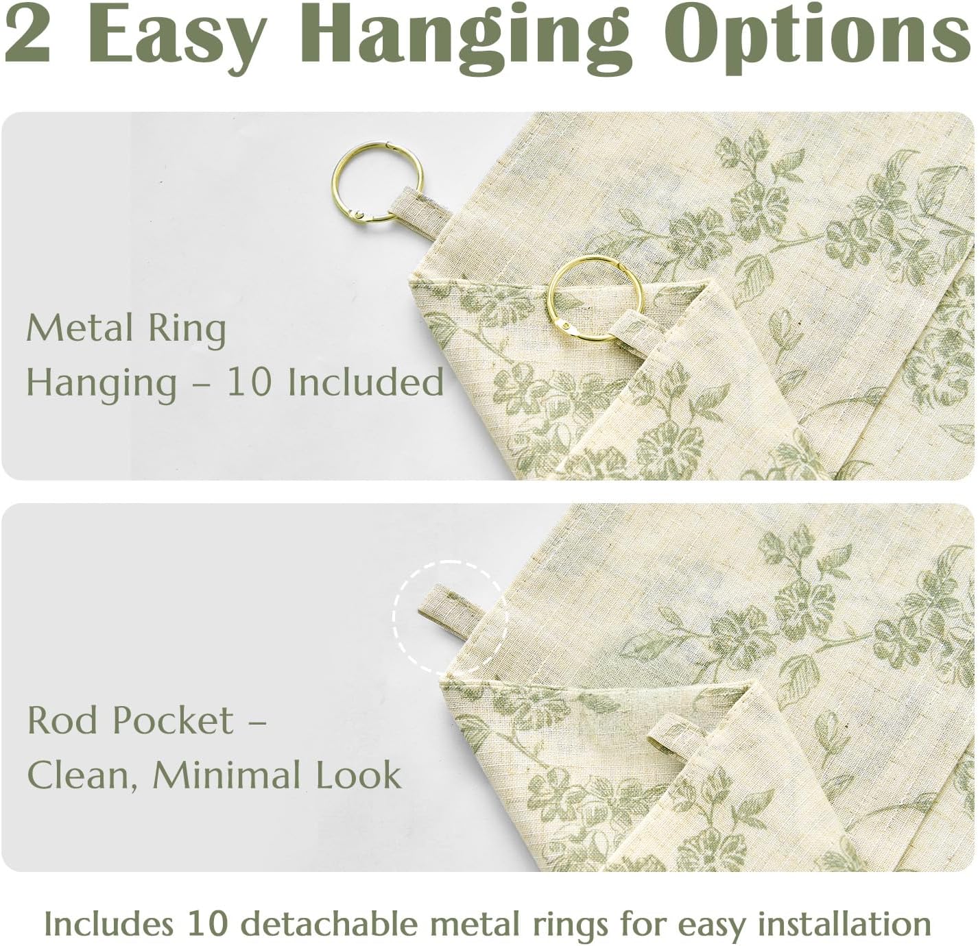 jinchan Floral Linen Kitchen Curtains with Attached Valance 36 Inch Length Farmhouse Cafe Tier Curtains for Living Room Bathroom Rustic Half Window Light Filtering Small Drapes 2 Panels Green