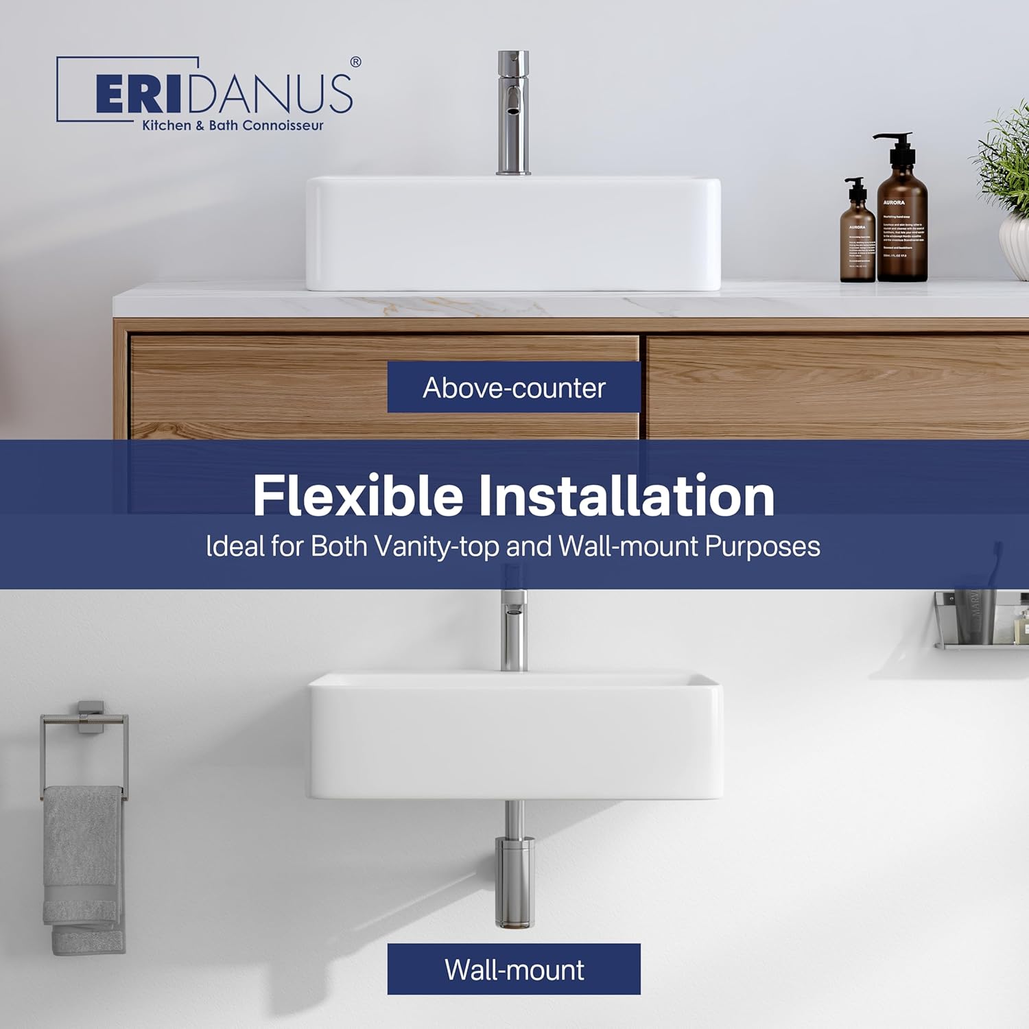 20" x 16" Bathroom Sink Vessel Rectangular, Eridanus Wall Mounted Sinks Above Counter Vanity Basin Bowl, Modern Floating Trough Washbasin for Bathroom, White Ceramic Glass Porcelain