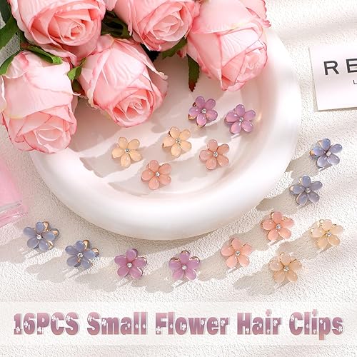 Miniatura 3 de CWJCYTNSN 16 pinzas pequeñas para el cabello para mujeres y niñas, mini pinzas de pelo de flores de cristal, horquillas de metal de 0.8 pulgadas,