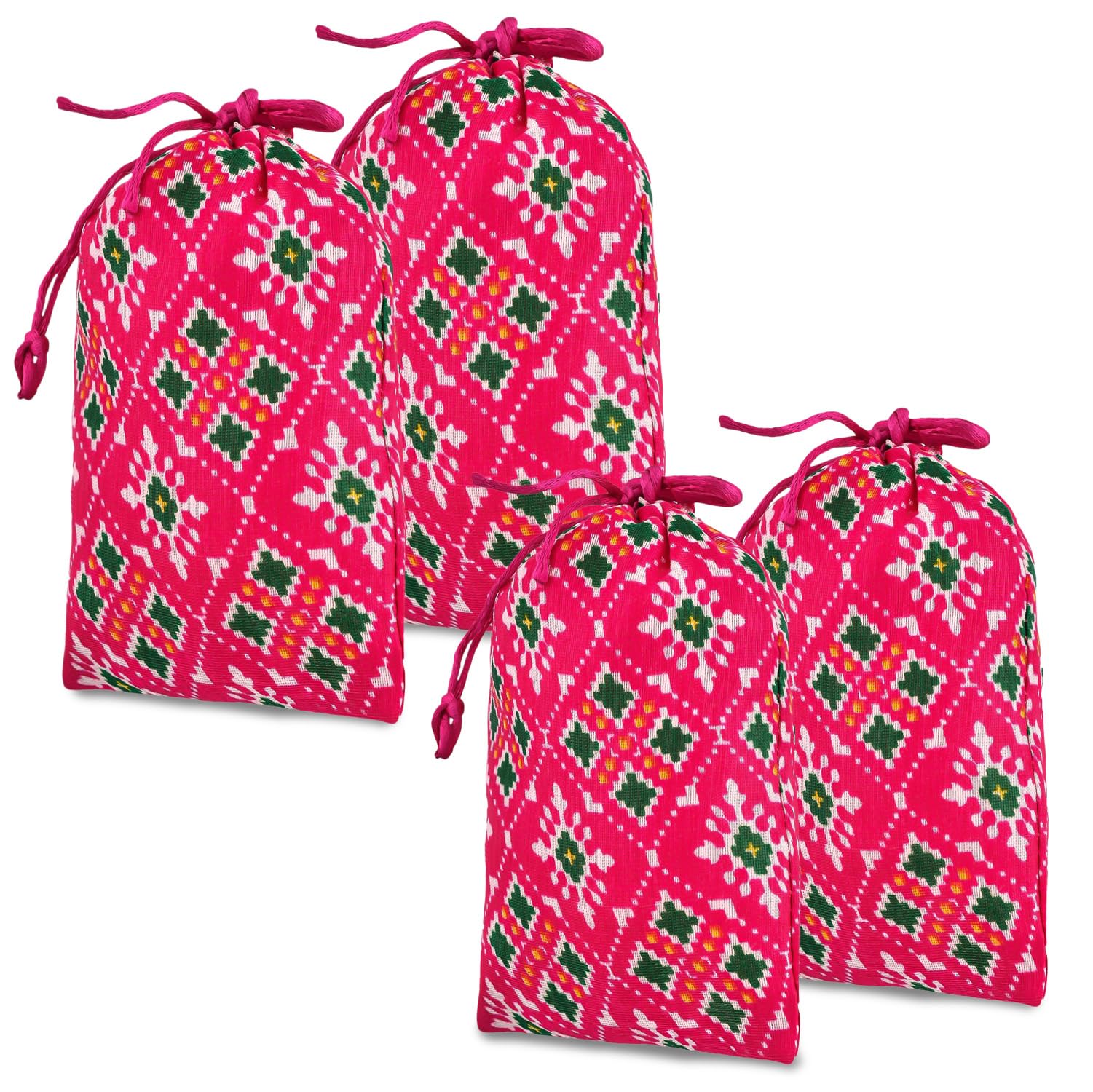 Potli | Silk Wedding Potli | Drawstring Closure Potli | Wallet Potli | Christmas Gift Potli | Baby Shower Potli | Patola-Print Potli | Small | 5x7 Inch | Pack of 4 | Rani-image-29