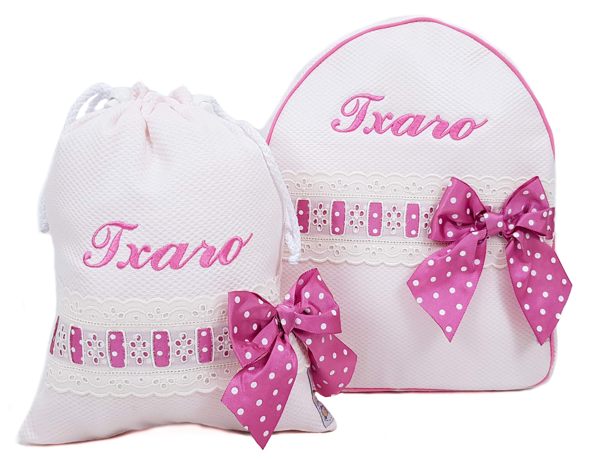 Conjunto guardería o Colegio: Mochila + Bolsa de merienda lenceras Personalizadas con Nombre. Emma. (Rosa)
