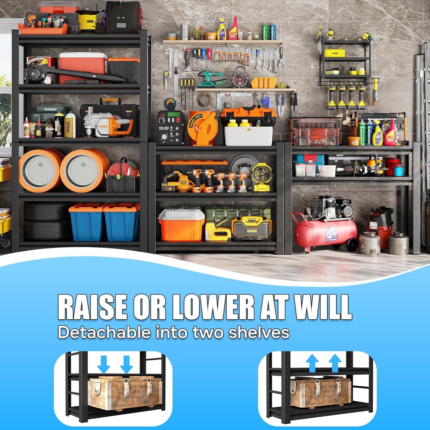 24 Inch Wide Shelf, 5-Tier Heavy Duty Storage Shelving Unit Metal Organizer Rack 2000 lbs Capacity for Garage, Home, Kitchen, Office, Black (13.8" D x 23.6" W x 63" H)
