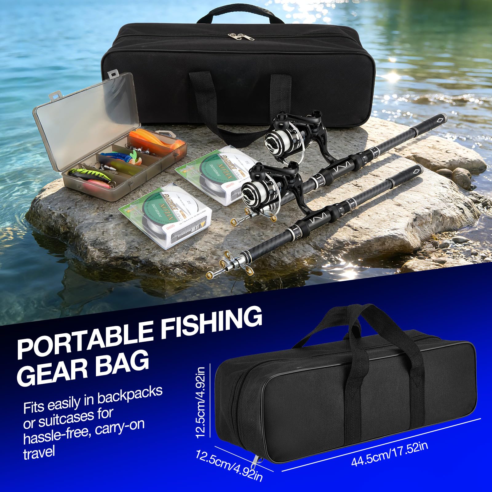 Angelset mit 2 Teleskop-Angelruten, 1,8m Kohlefaser-Angelrute Set Komplett 2 5.2:1 Spinnrolle, Köderbox & Tragetasche für Salzwasser Süßwasse Fishing