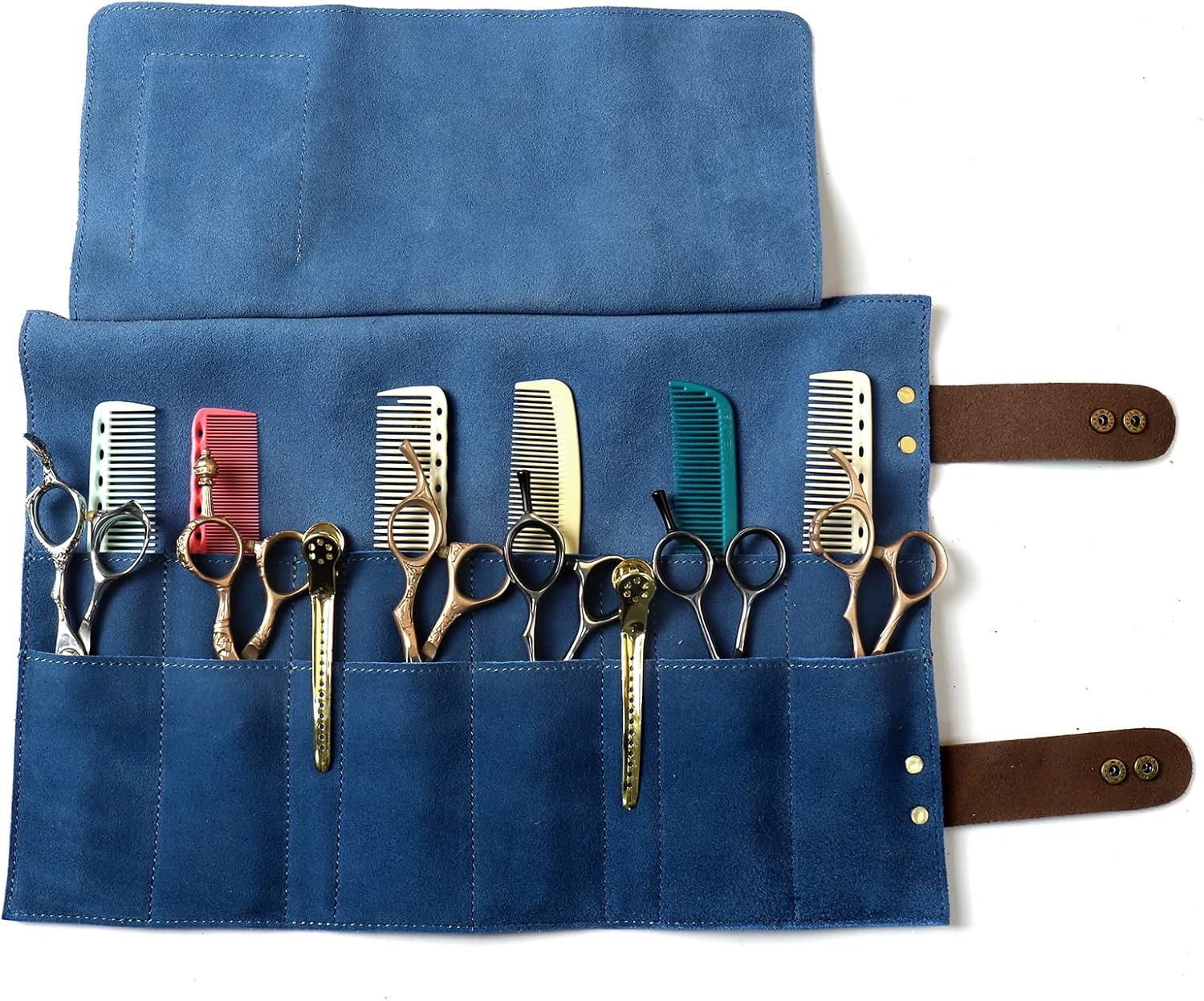 Salon Scissors Bag Roll Up, 12 Pockets Genuine Leather Stylist Grooming Scissors Holder Barber Hair Scissor Shears Cases for Hairdressers (HJ-ZP011-Blue)
