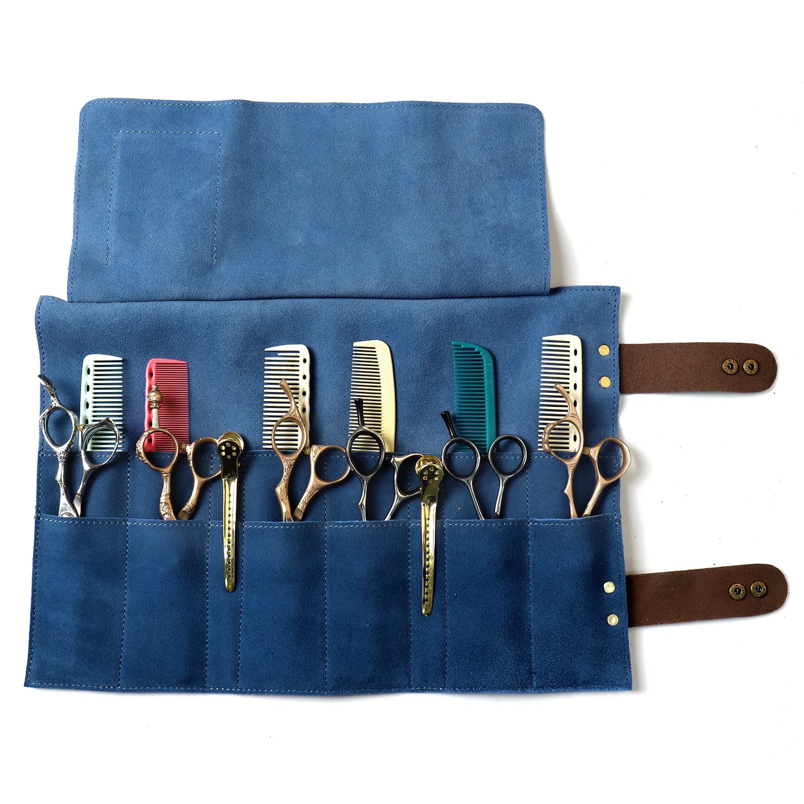 HJ-ZP011-Blue Scherentasche zum Aufrollen, 12 Taschen, echtes Leder, Stylisten-Fellpflege, Scherenhalter, Friseur-Haarschere, Scheren für Friseure