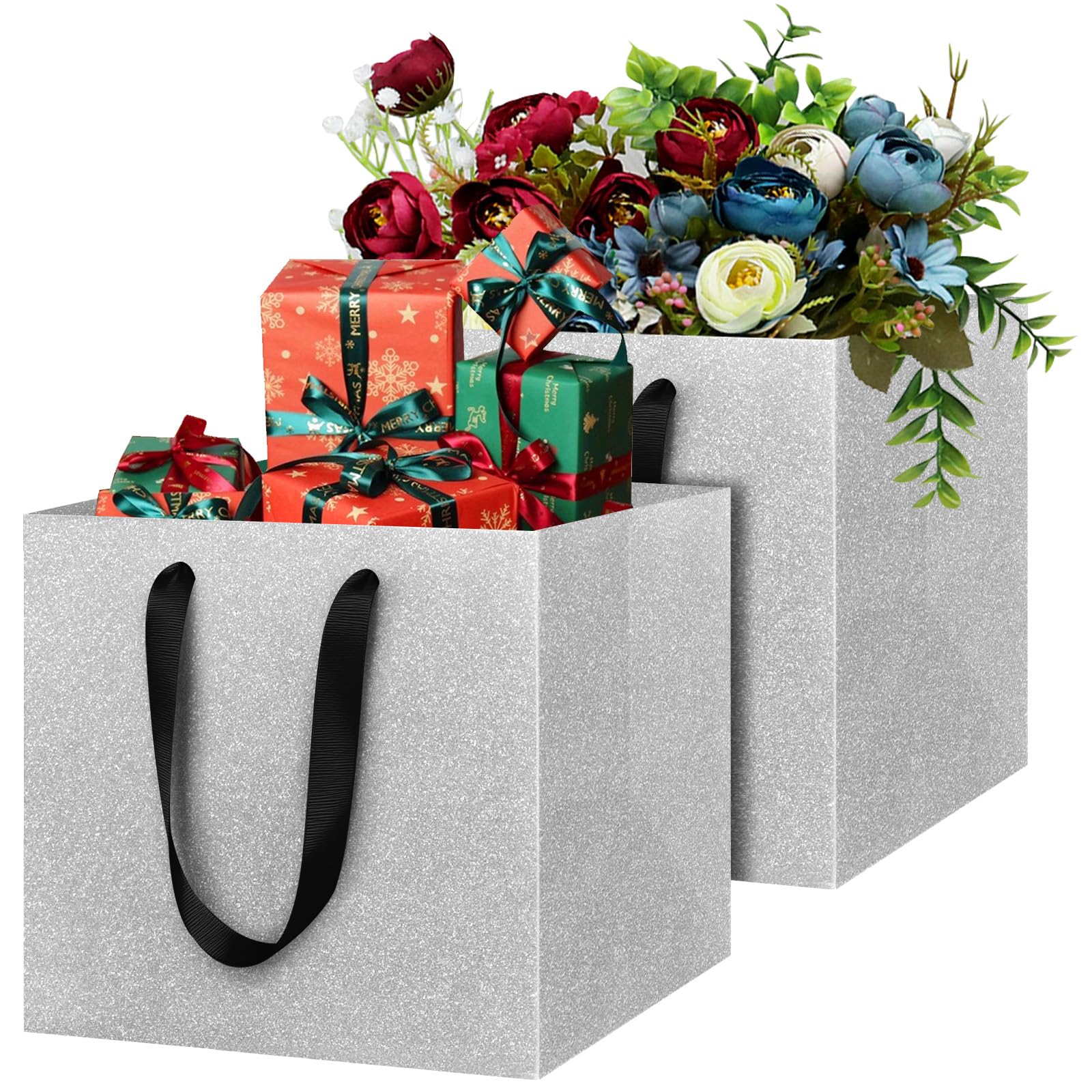 LVNRIDS Large Gift Bags with Handle Silver 2 Pack, Luxury Square Gift Bags 25x25x25cm, Premium Reusable Gift Bag 9.8 inch for Valentines Presents Bouquets Wedding Birthday Party Cake