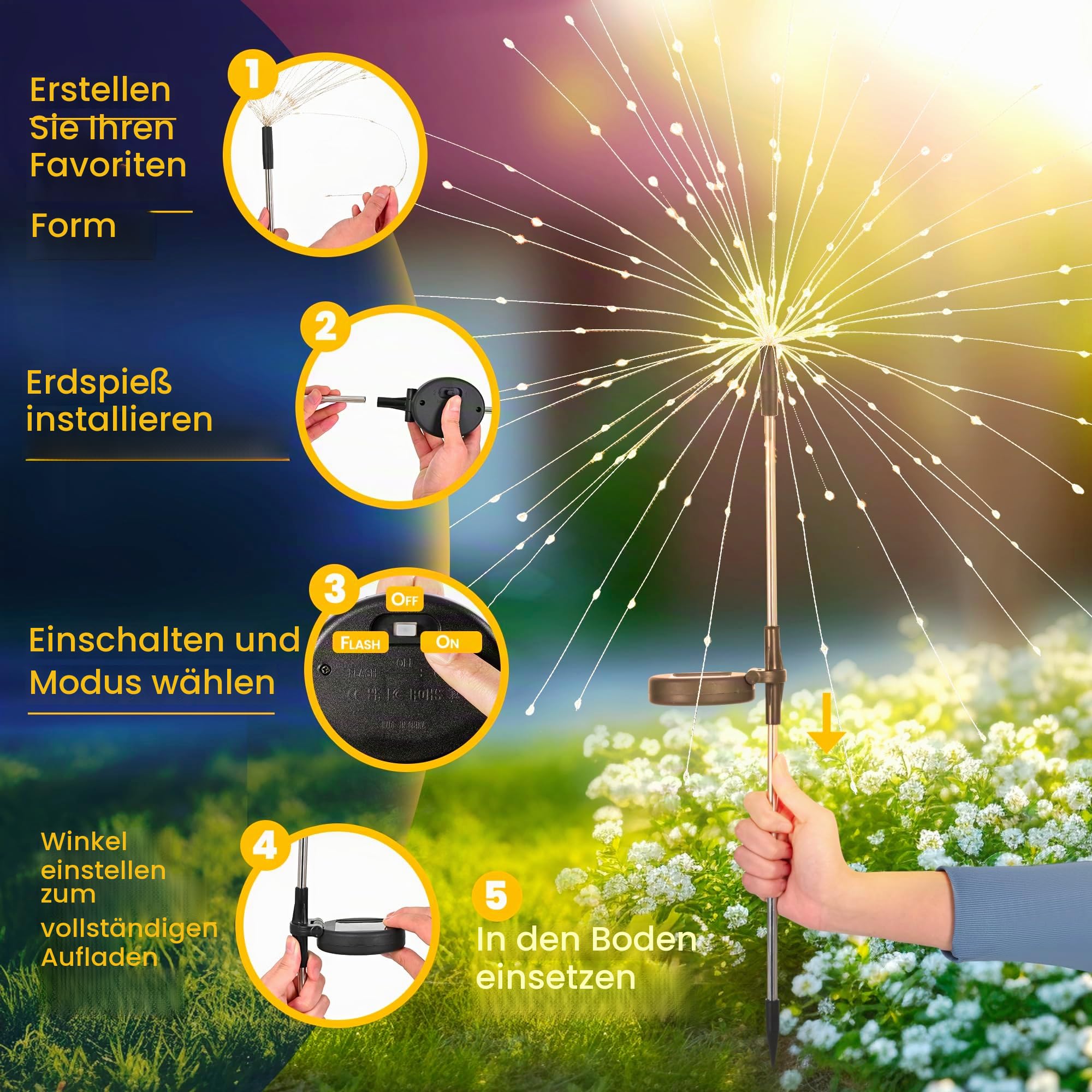 GIGALUMI Gartendeko Solarleuchten für Außen,4 Stück 120 LED Feuerwerk Solarleuchten, Wetterfest Pusteblume Solarlampen für Balkon Terrasse Blumenkästen Hof Deko