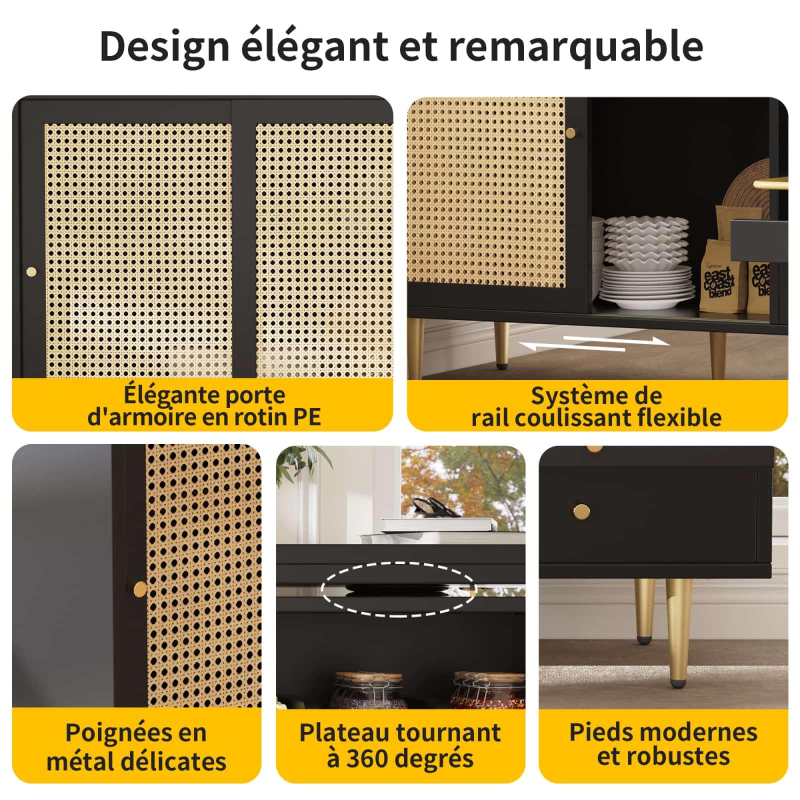 KOMHTOM Central Cuisine avec Rangement et Plan de Travail Table Cuisine Petit Espace, desserte Cuisine avec tiroirs et 2 Portes Table Bar avec Table à Manger et buffets (Noir)(Chaise Non Incluse)