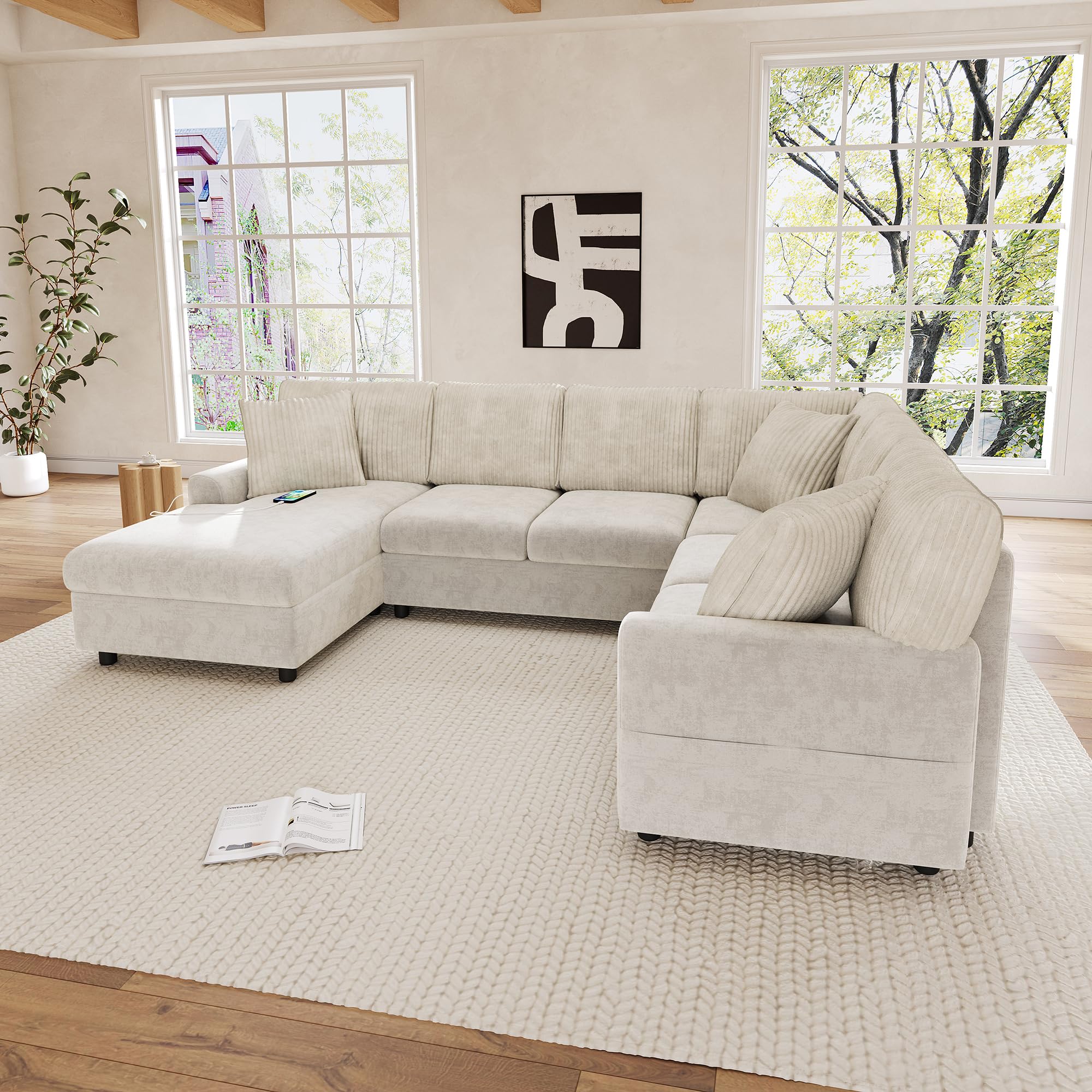 Sofá esquinero moderno en forma de U con 1 chaise longue, 3 cojines, color beige, 249 x 83 x 196 cm, reposabrazos laterales con bolsillos para revistas