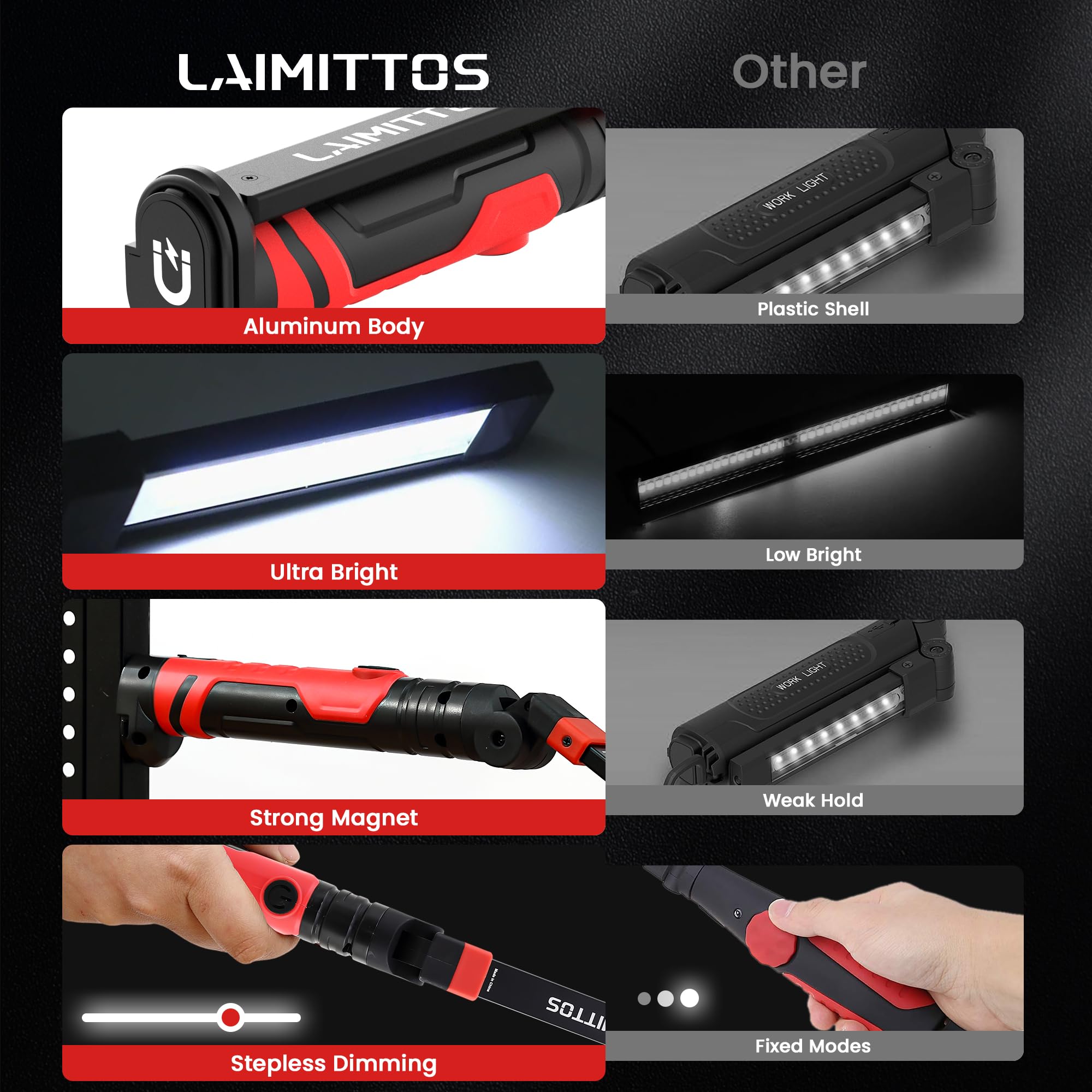 2 luci da lavoro ricaricabili – 2500 mAh pieghevole magnetica a LED da lavoro torcia esterna con 3 modalità di illuminazione luce meccanica per riparazione auto/emergenza