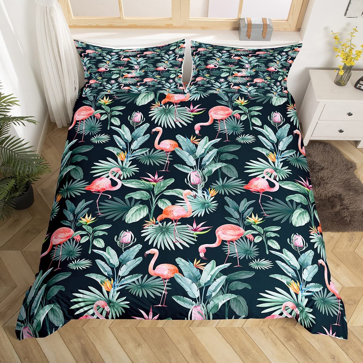 Parure de lit flamant rose 135x200 pour fille et femme avec palmier