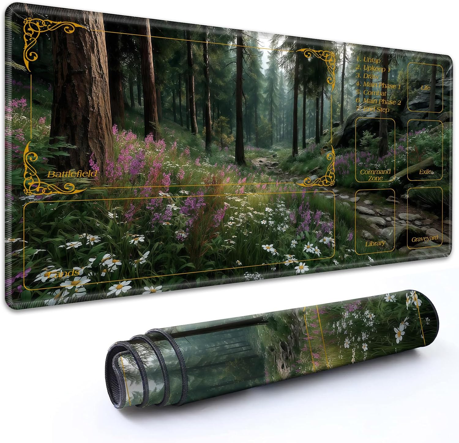 for MTG Playmat with Zones 24" x 14" with High Elastic Rubber Base Non-Slip Rubber Sole HD Printing for MTG Mat Magic Mat Card Playmat Mouse Pad, Purple White Wildflowers Forest