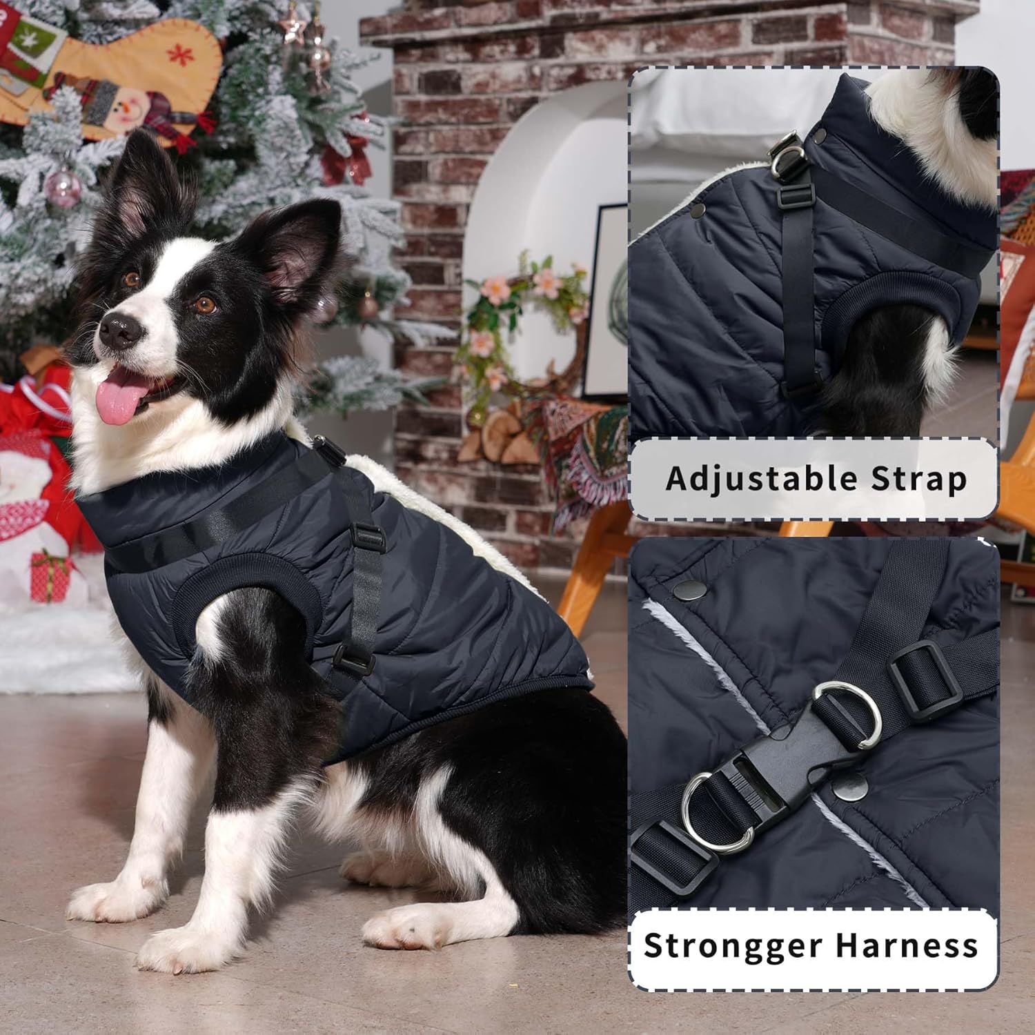 ハーネス付き犬用ジャケット、フリース裏地付き暖かい子犬コート、冬用ソフト防風大型犬用ベスト、ブラック XXL
