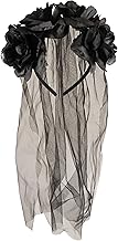 Henbrandt Long Black Veil with Black Flowers Halloween Hairband Gothic Bride Veil Day of the Dead Party Accessories Fancy Dress Hair Accessory for Adults