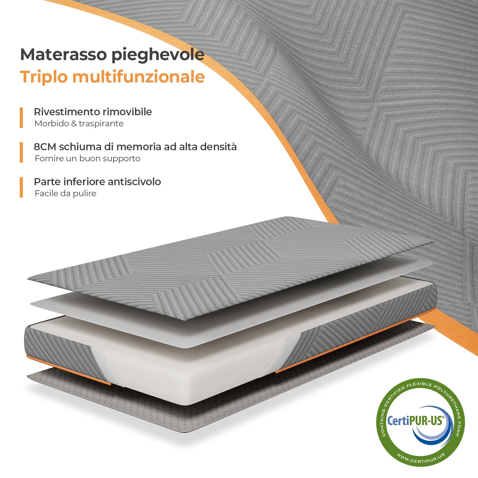 Vesgantti Materasso Pieghevole in Gel Memory Foam 60x190x15cm | Adatto per il Viaggio, il Campeggio, il Letto per gli Ospiti, Dotato di Maniglie per Facilitare lo Spostamento