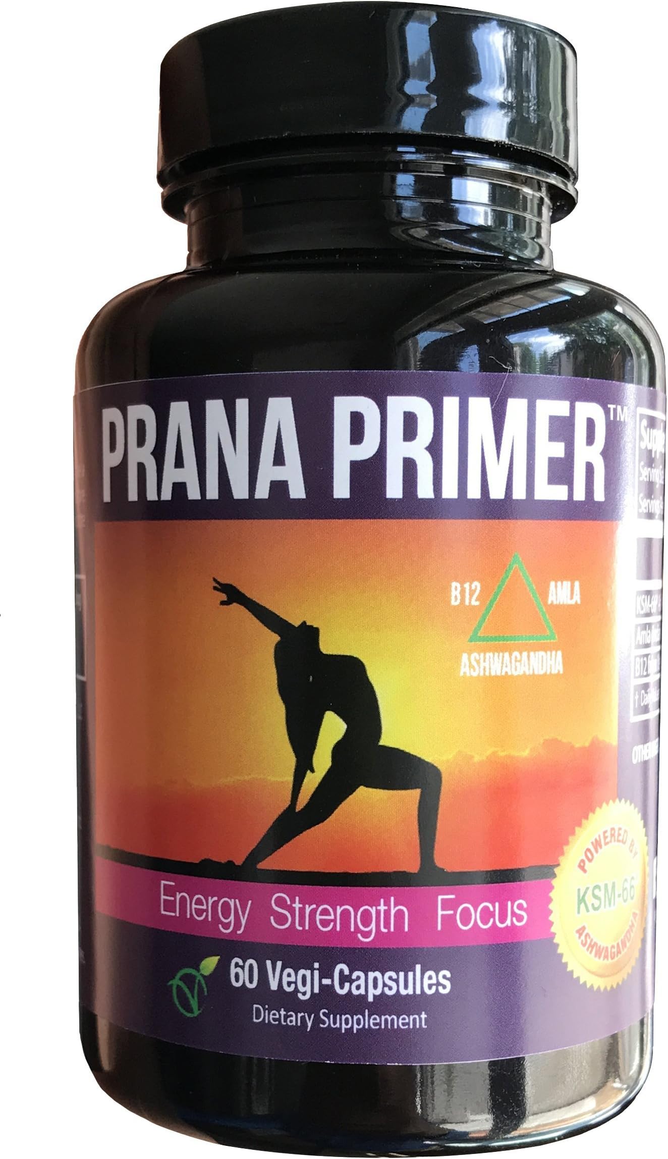 B12 and KSM66 Ashwagandha Capsules for Yoga, Pilates & Life - PRANA Primer for Energy, Strength, Focus, Stress (60 Vegi-caps)
