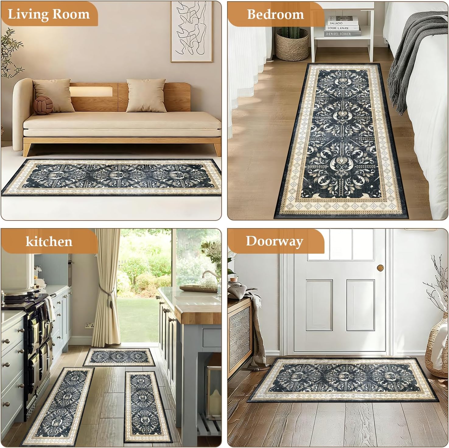 Washable Runner Rug, Non Slip Kitchen Mats for Floor, Hallway Laundry Room Rugs Backing, Waterproof Soft Comfort Standing Low Pile Distressed Organization and Storage Decor Carpet (Blue, 20"x59")