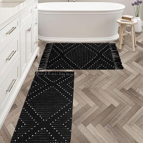 MitoVilla Juego de 2 alfombras de baño bohemias negras de 2 x 3 pies + 2 x 4.3 pies, alfombra de pasillo pequeña con borla para cocina, tejido de disponible en Yaxa Peru